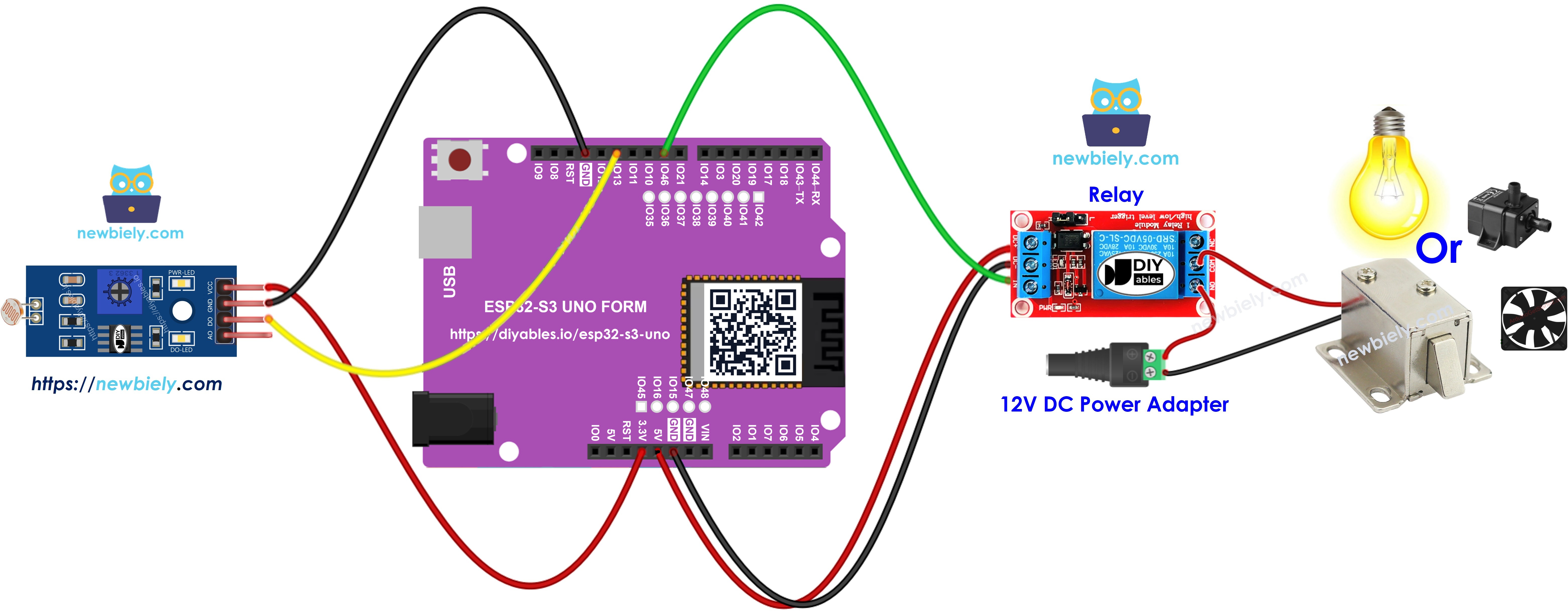 The wiring diagram between ESP32 S3 Uno LDR Light Sensor module relay