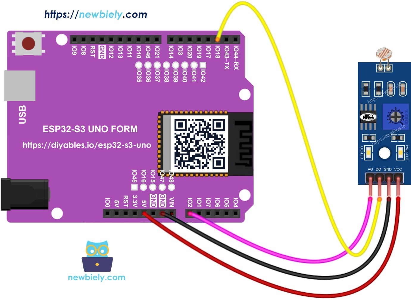 The wiring diagram between ESP32 S3 Uno LDR Light Sensor Module