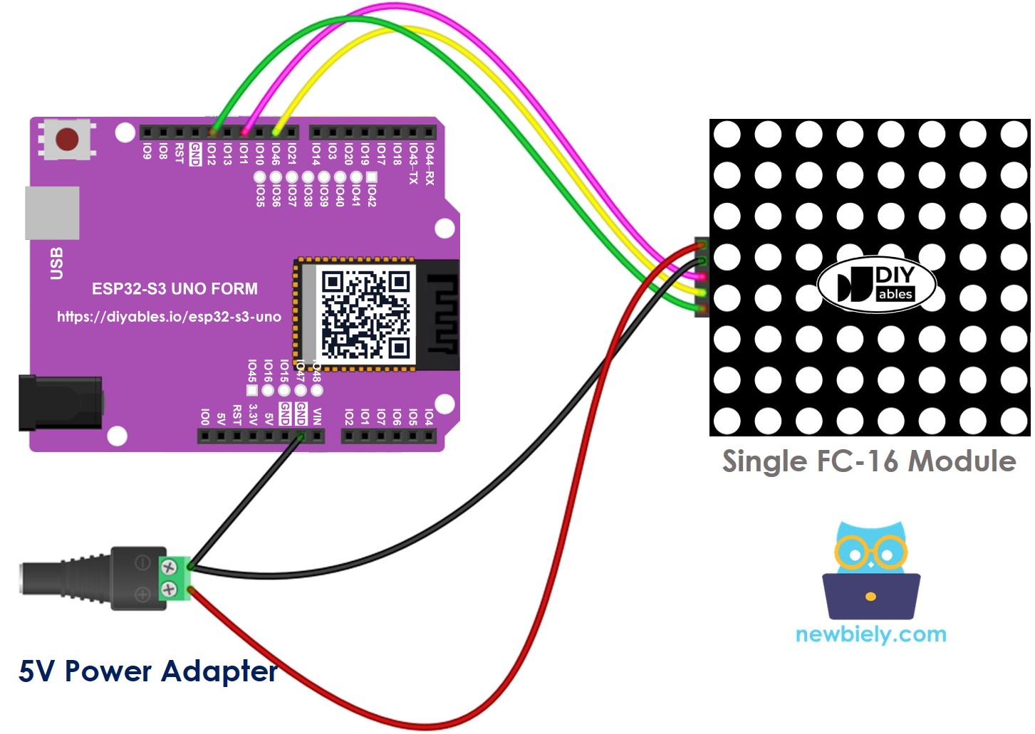 The wiring diagram between ESP32 S3 Uno 8x8 LED matrix FC-16