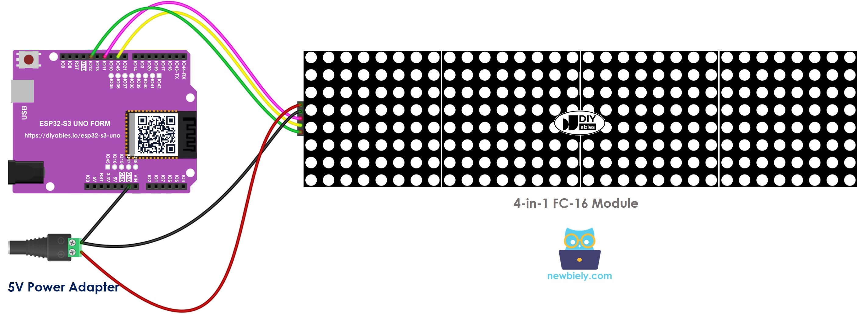 The wiring diagram between ESP32 S3 Uno LED matrix display