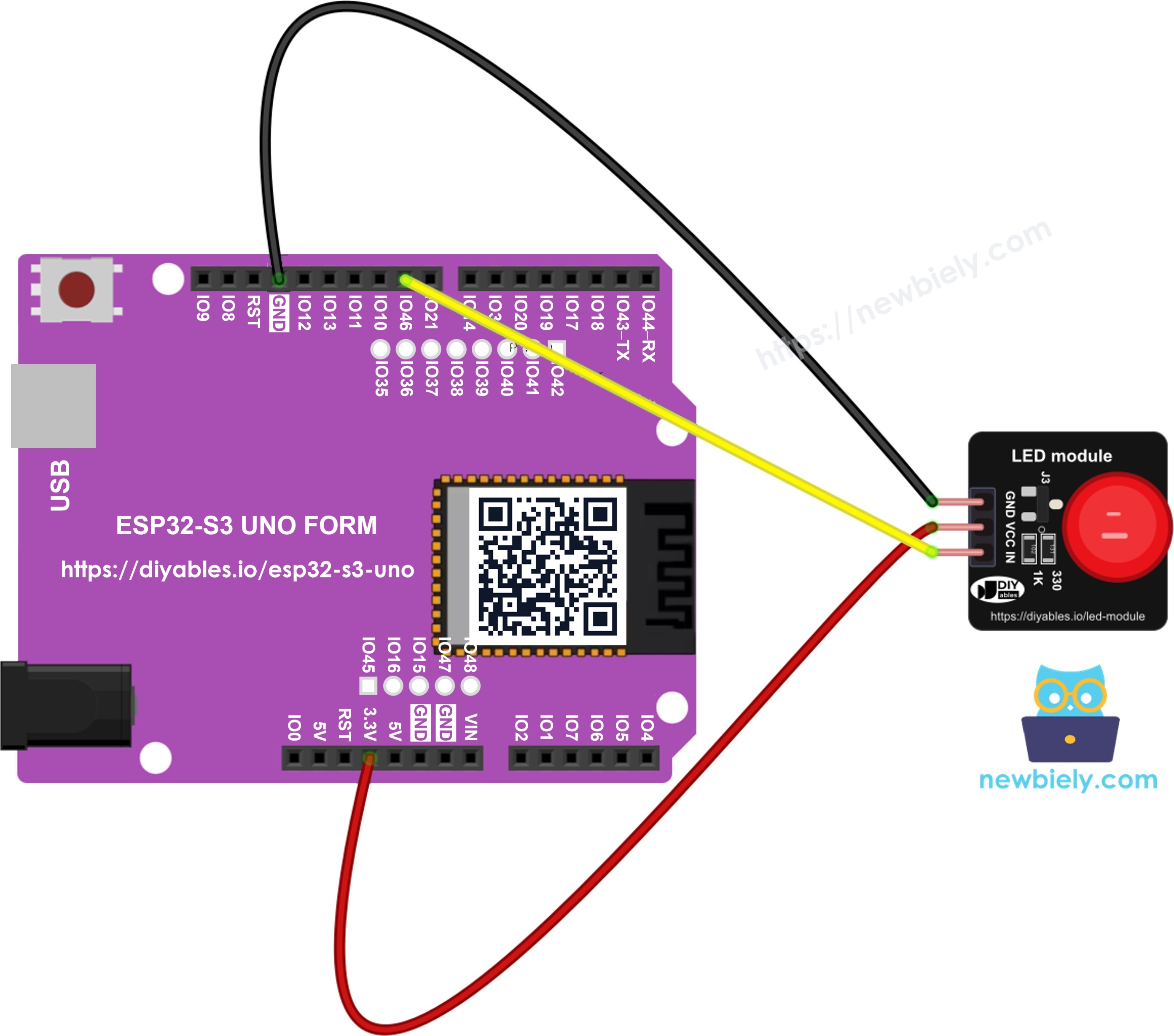 The wiring diagram between ESP32 S3 Uno LED module