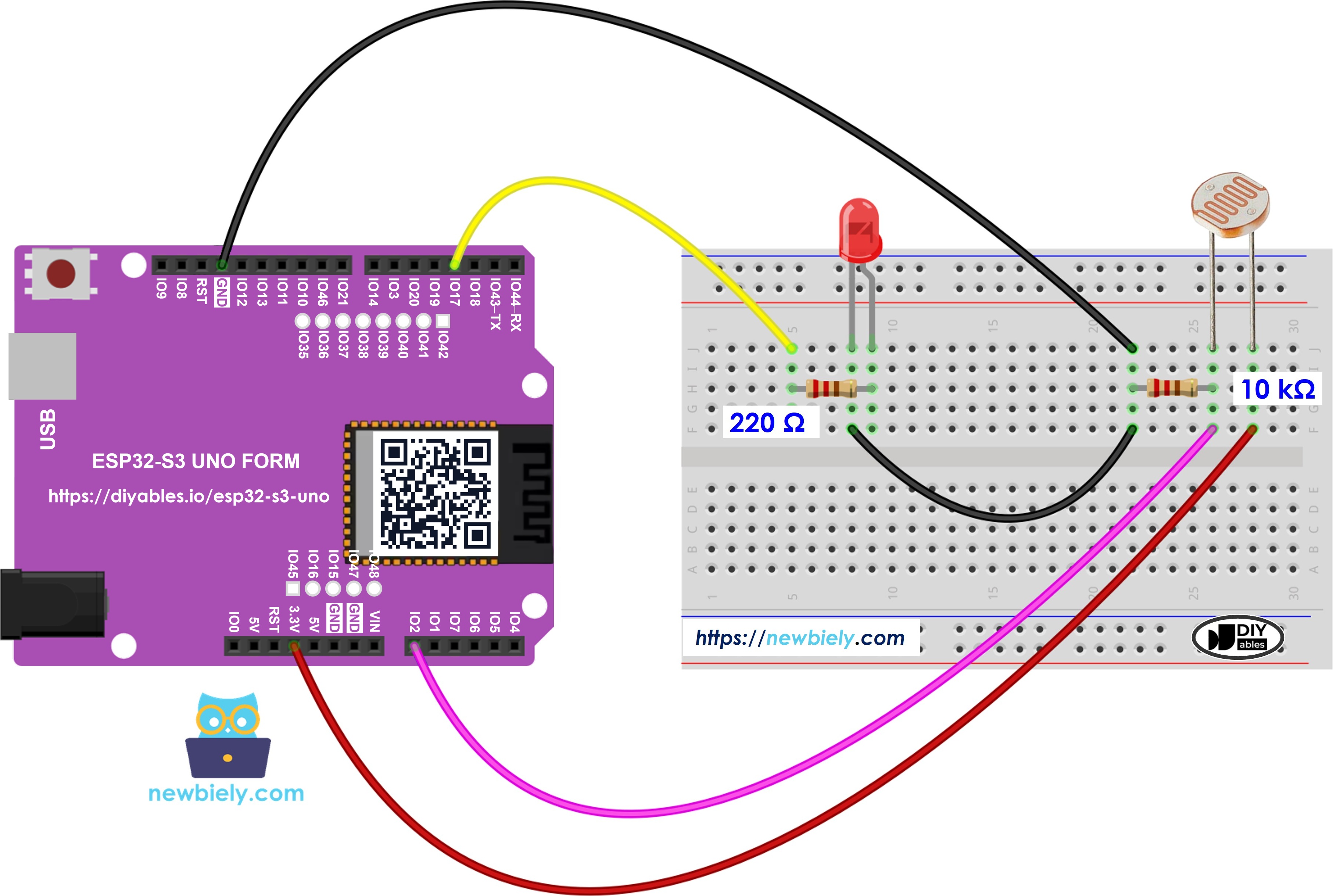 The wiring diagram between ESP32 S3 Uno Light Sensor LED