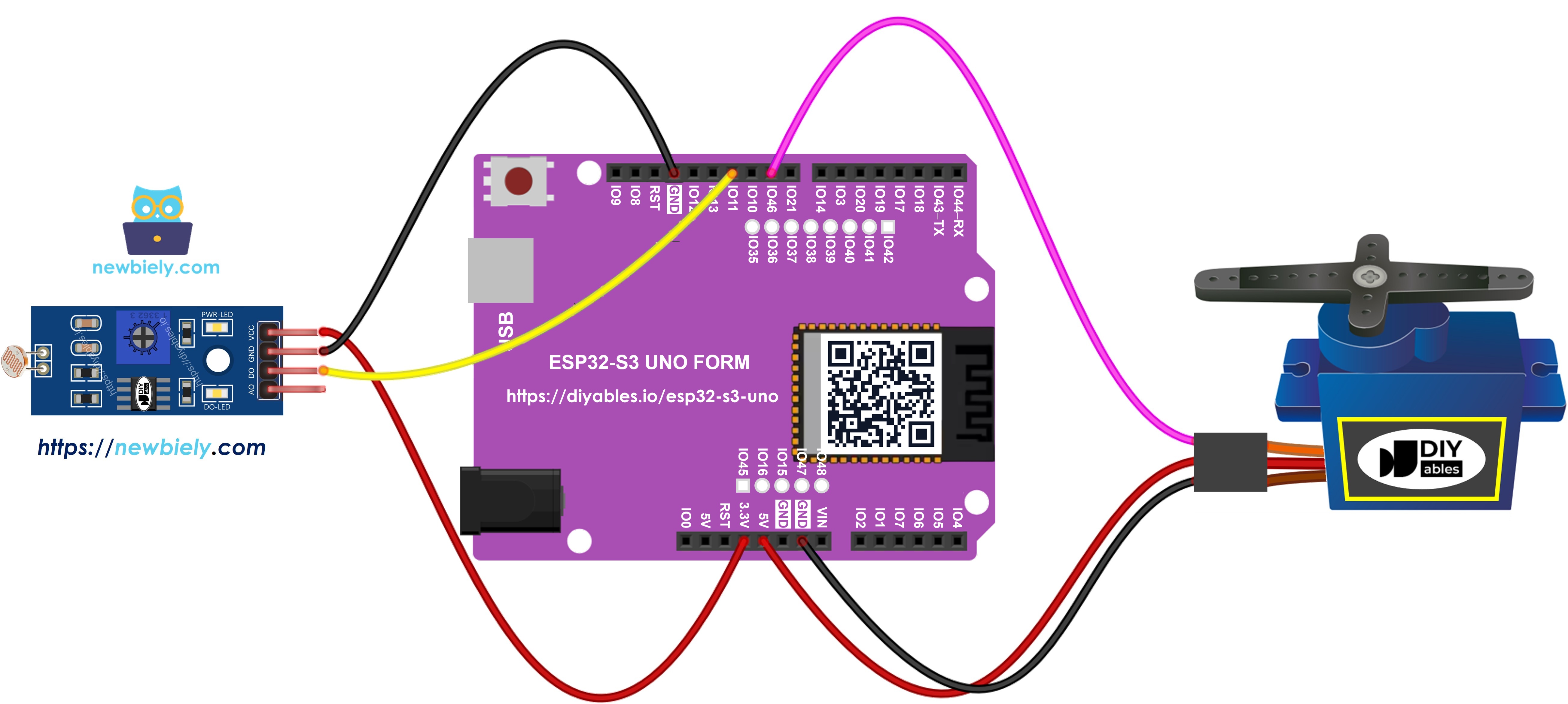 The wiring diagram between ESP32 S3 Uno Light Sensor module Servo Motor