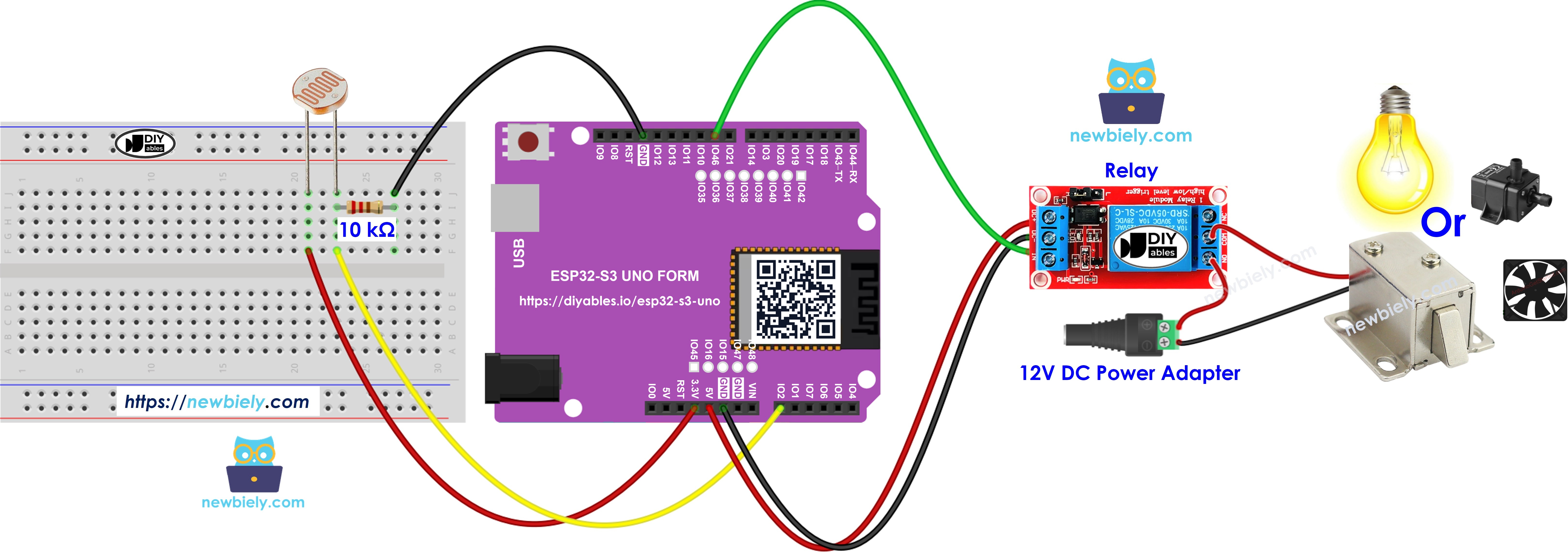 The wiring diagram between ESP32 S3 Uno Light Sensor Relay