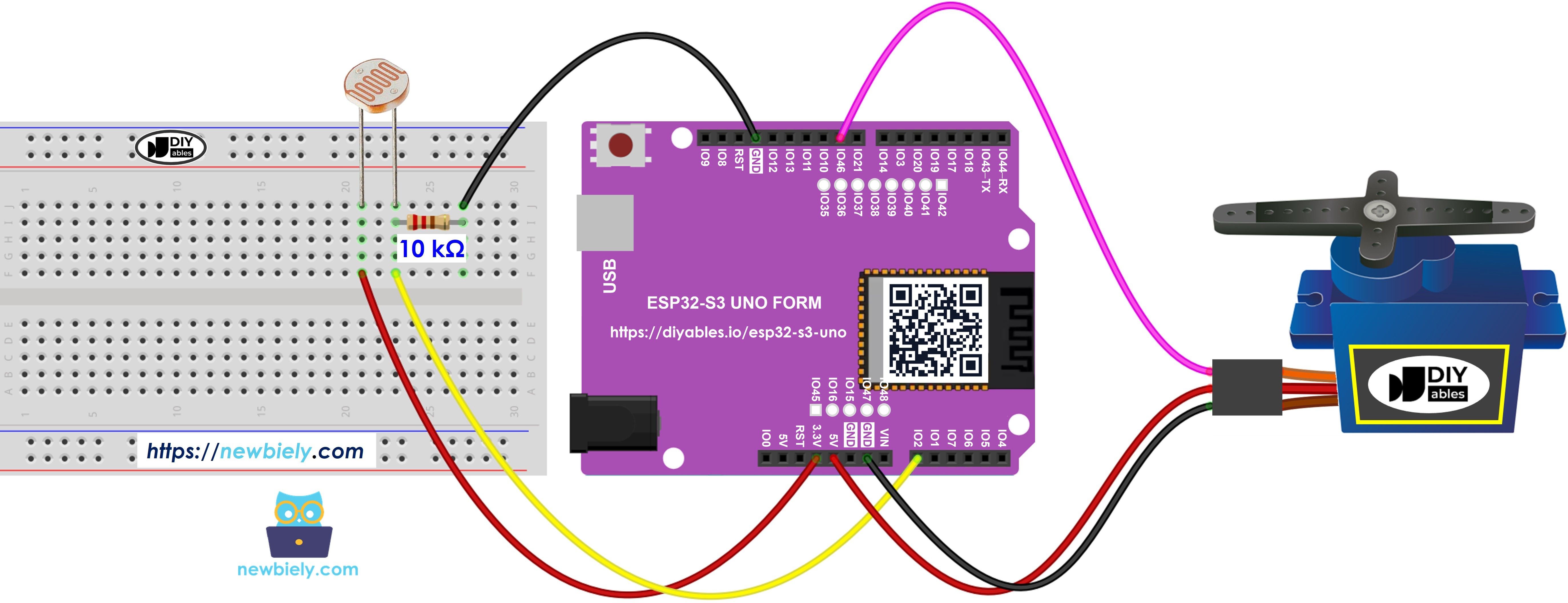 The wiring diagram between ESP32 S3 Uno Light Sensor Servo Motor