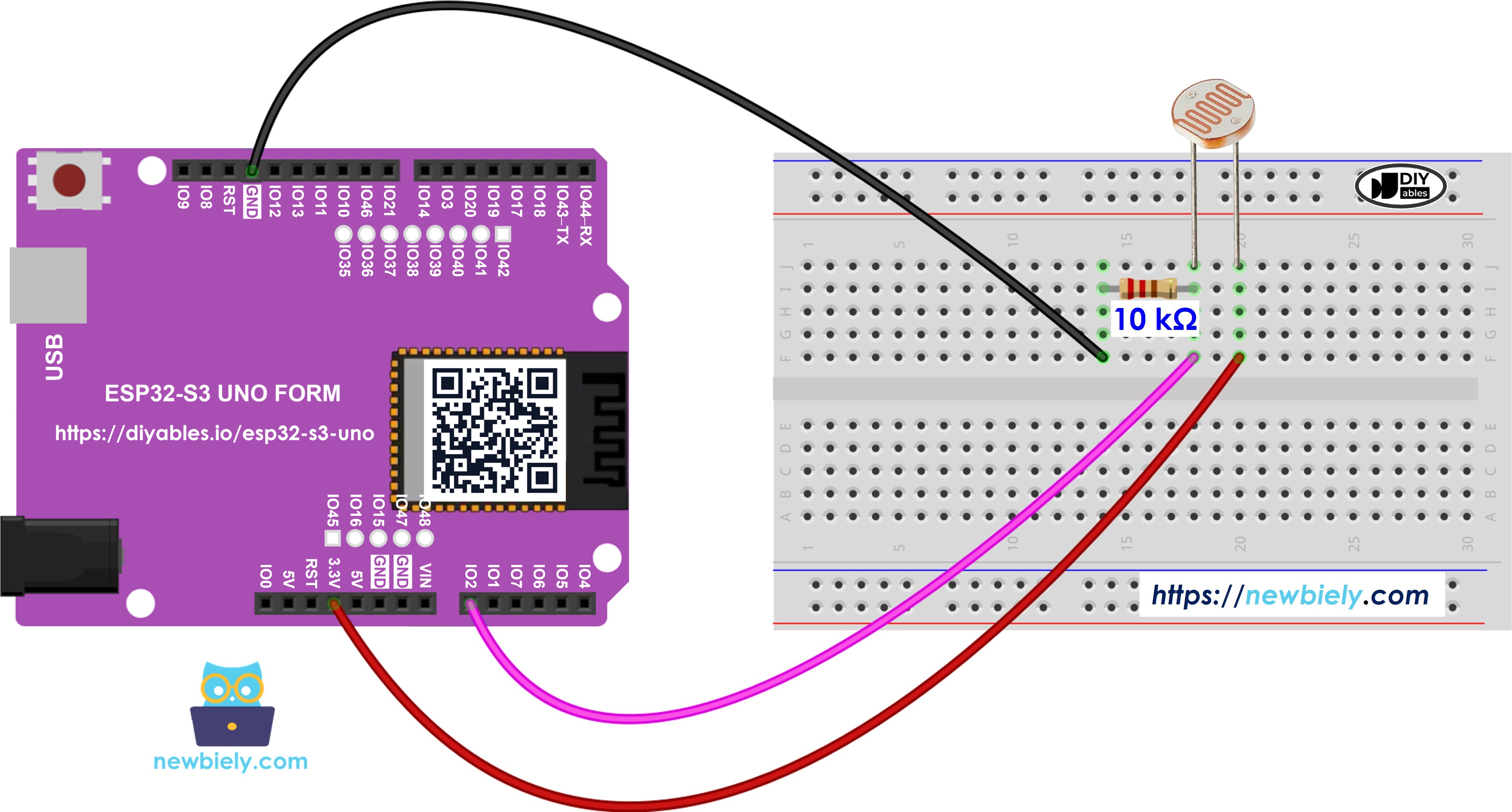 The wiring diagram between ESP32 S3 Uno Light Sensor