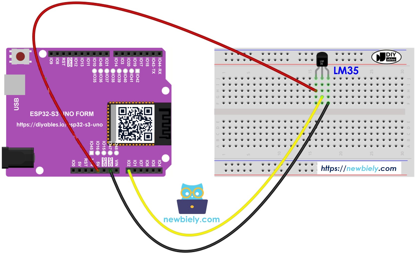 The wiring diagram between ESP32 S3 Uno LM35 temperature sensor