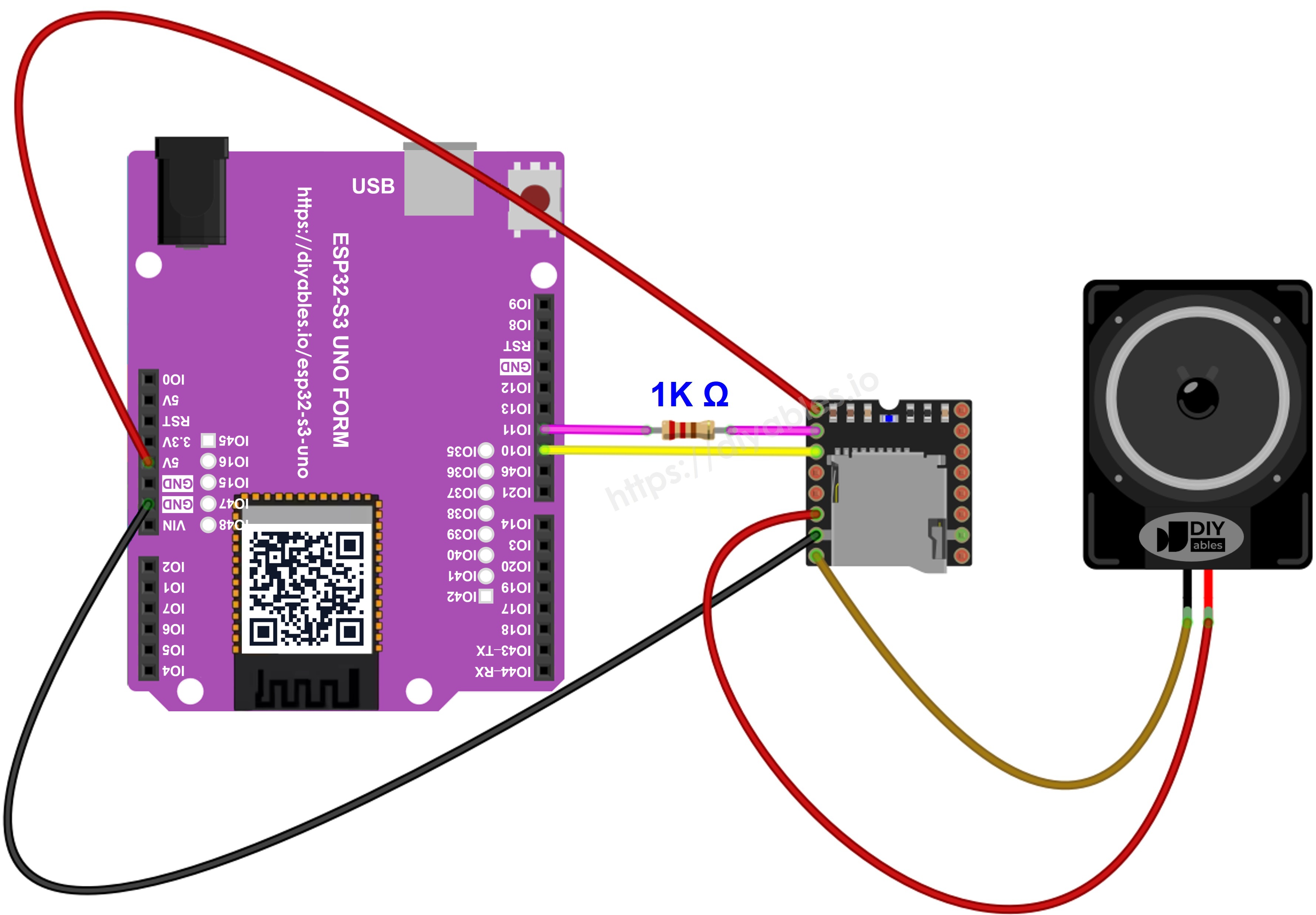 The wiring diagram between ESP32 S3 Uno Mini Mp3 Player
