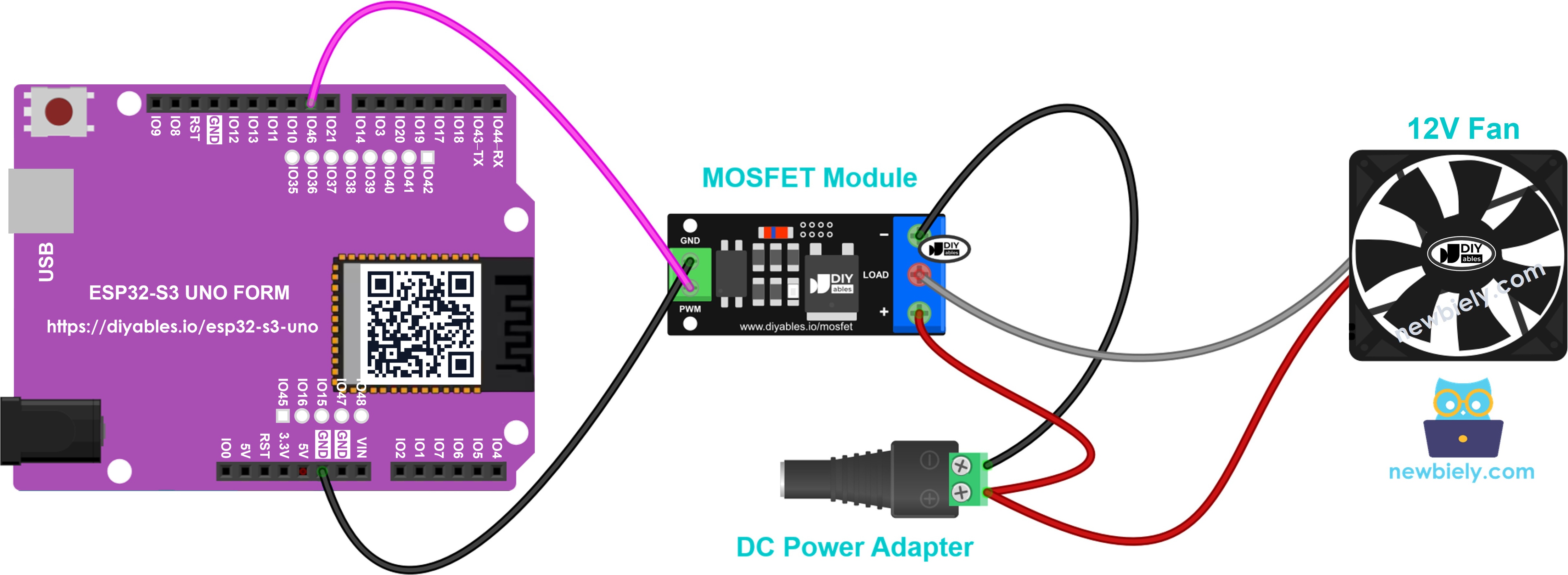 ESP32 S3 Uno MOSFET module wiring with a 12V cooling fan