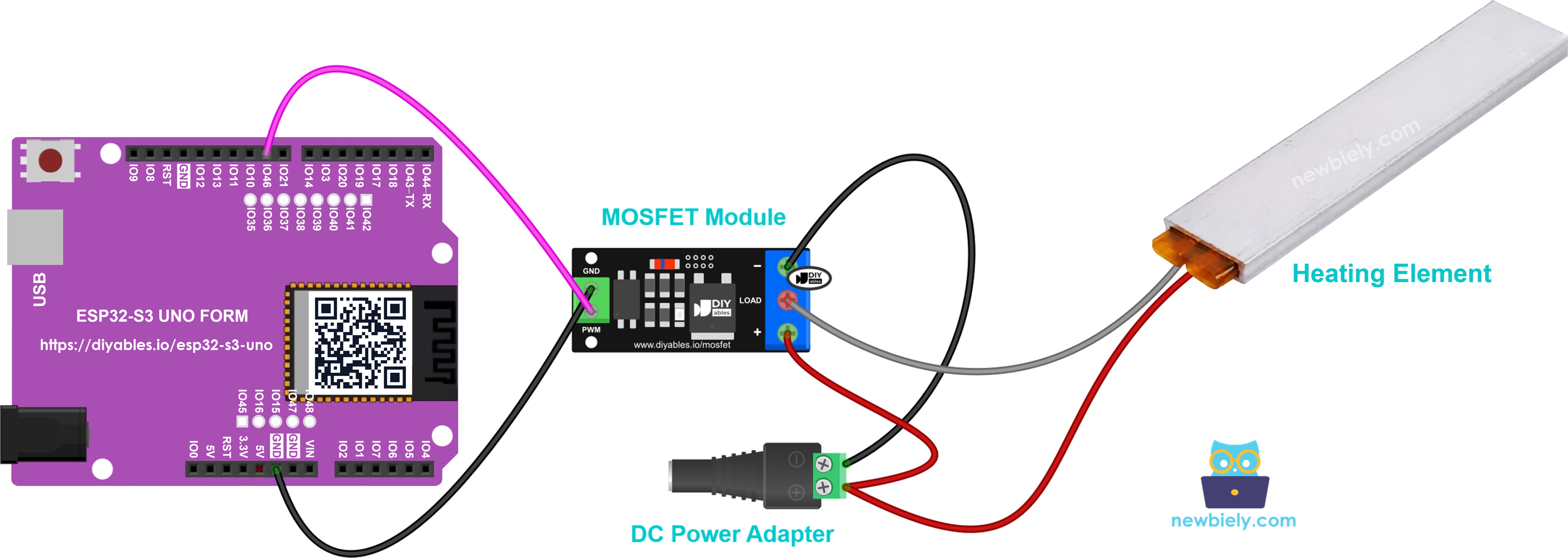 The wiring diagram between ESP32 S3 Uno heating element MOSFET module