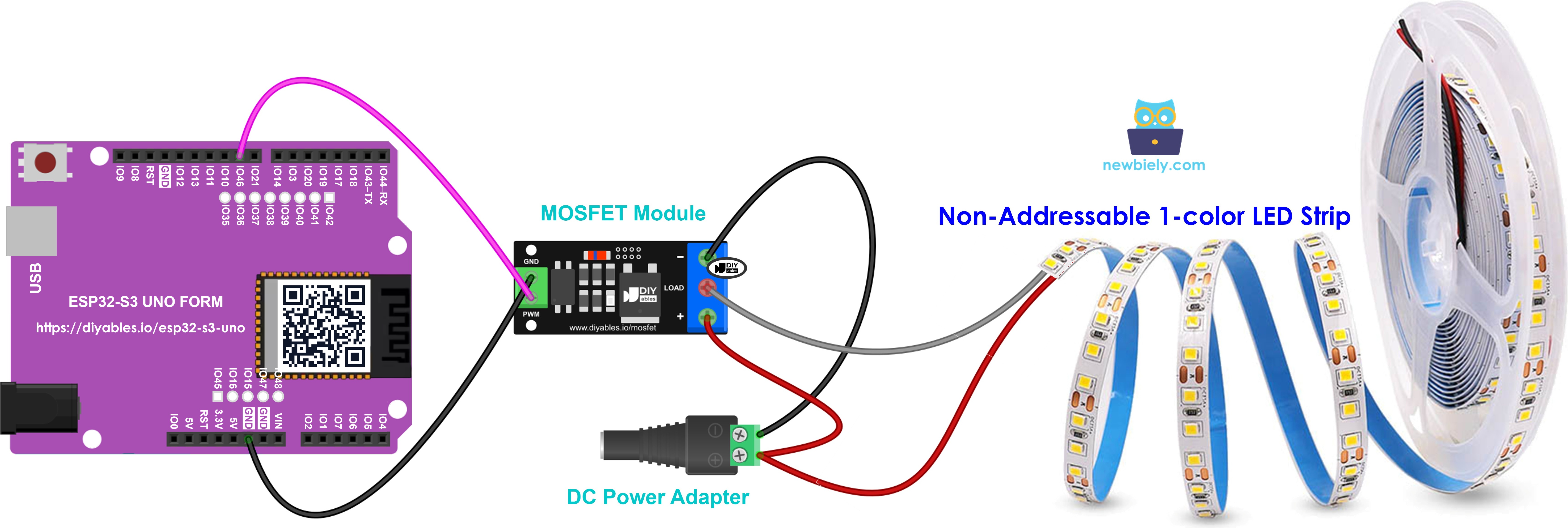 12V single-color LED strip connected to MOSFET module
