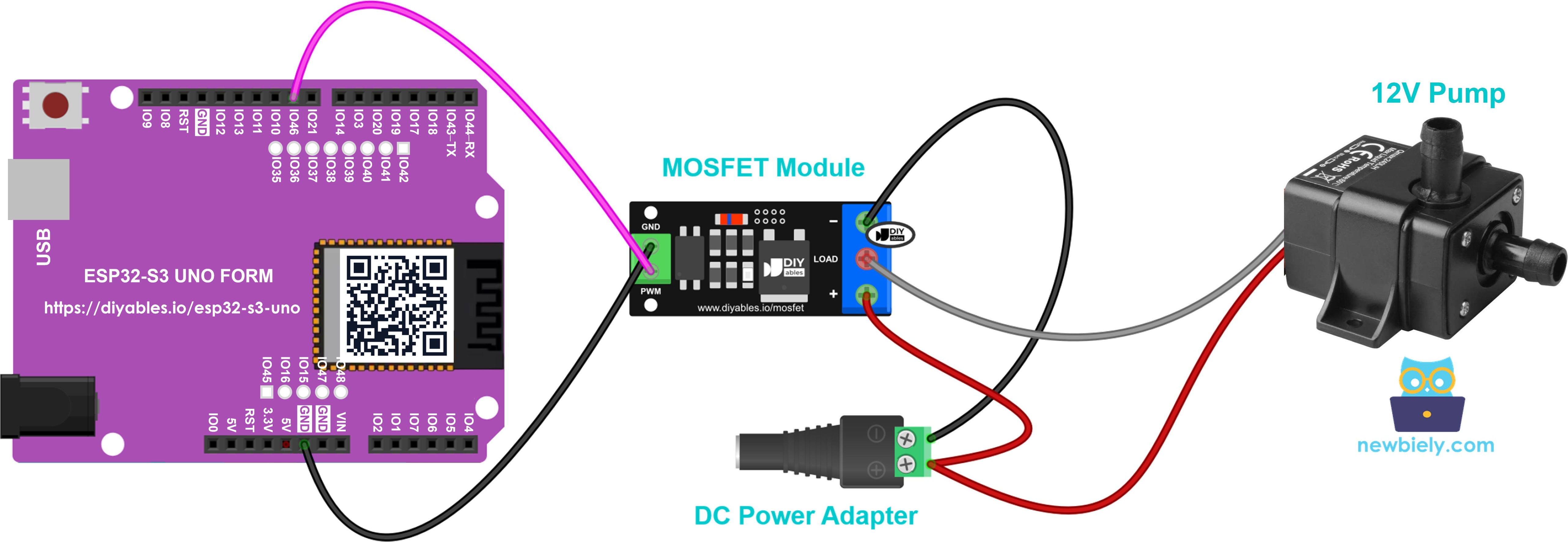 12V water pump connected to MOSFET module
