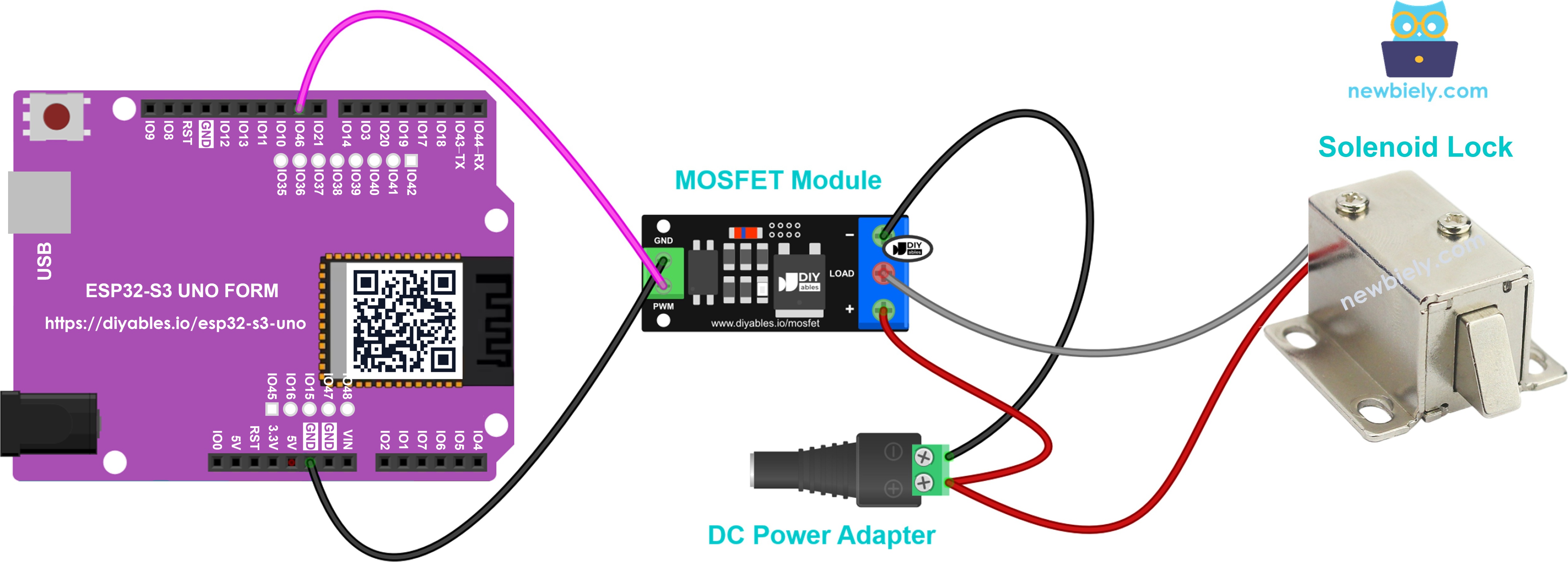12V solenoid lock wired to MOSFET module