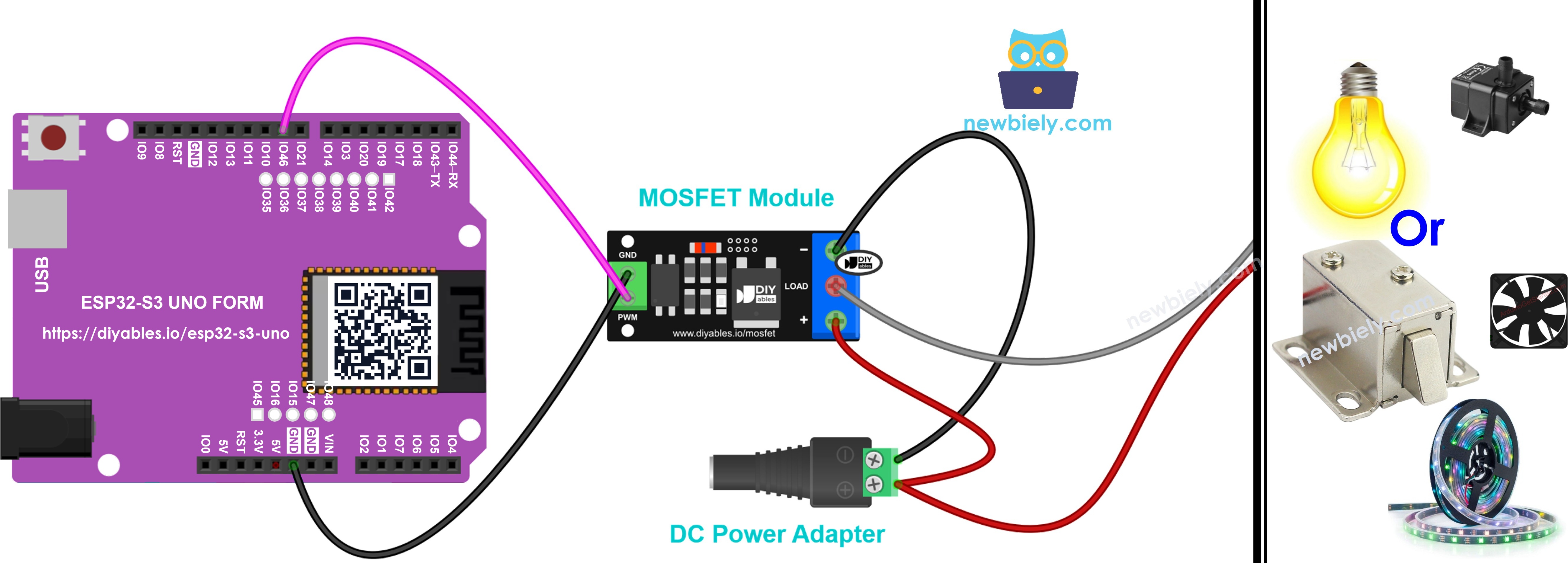 The wiring diagram between ESP32 S3 Uno with AOD4184, LR7843 or FR120N MOSFET module