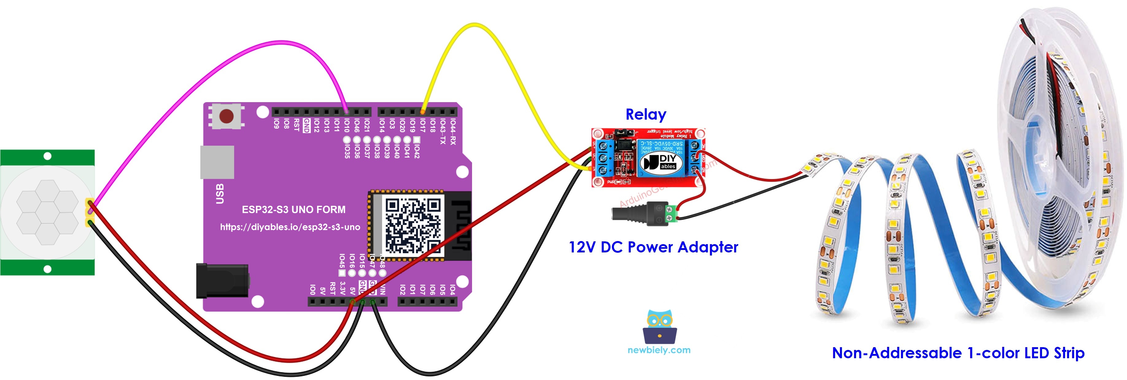 The wiring diagram between ESP32 S3 Uno Motion Sensor LED strip