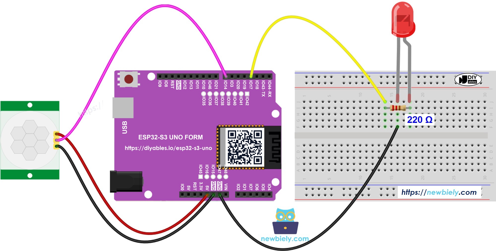 The wiring diagram between ESP32 S3 Uno Motion Sensor LED