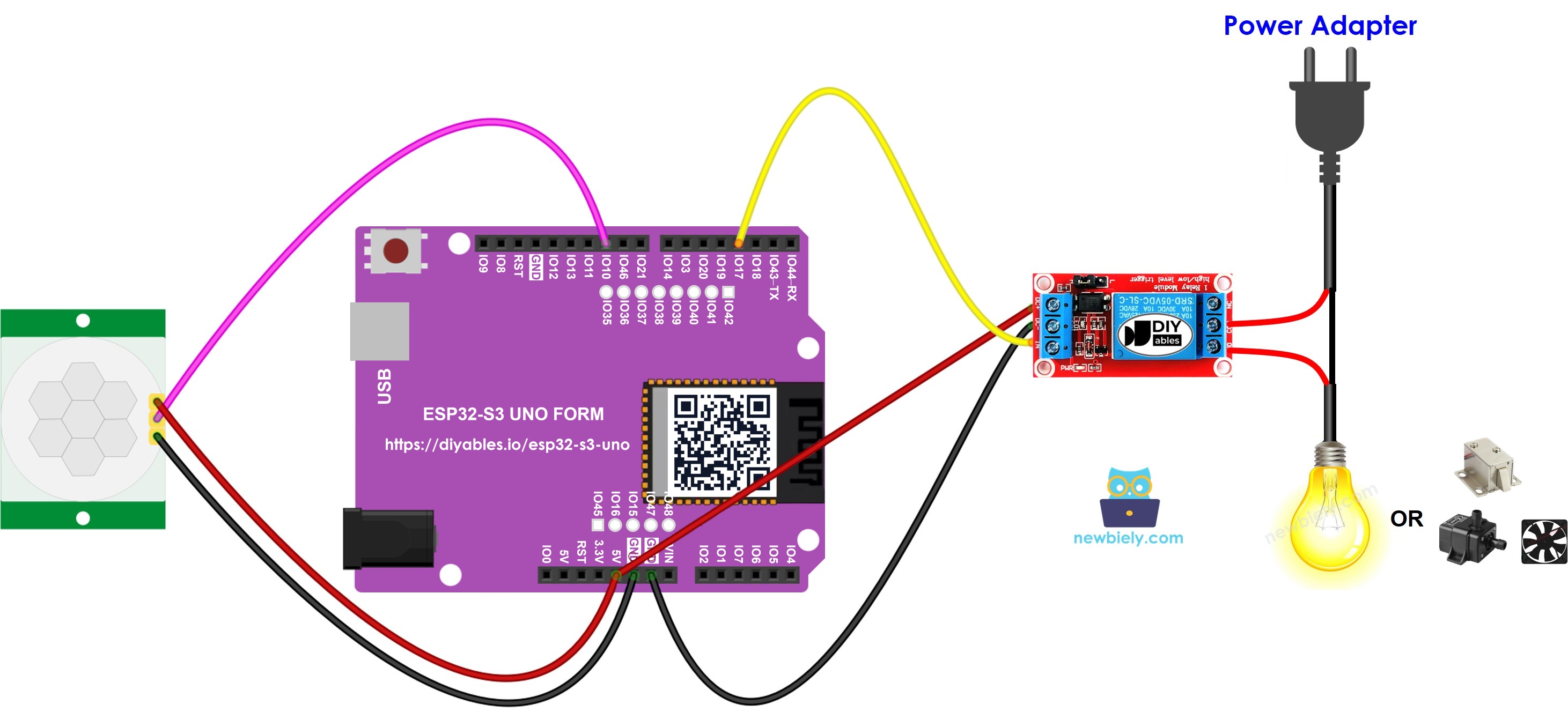 The wiring diagram between ESP32 S3 Uno Motion Sensor Relay