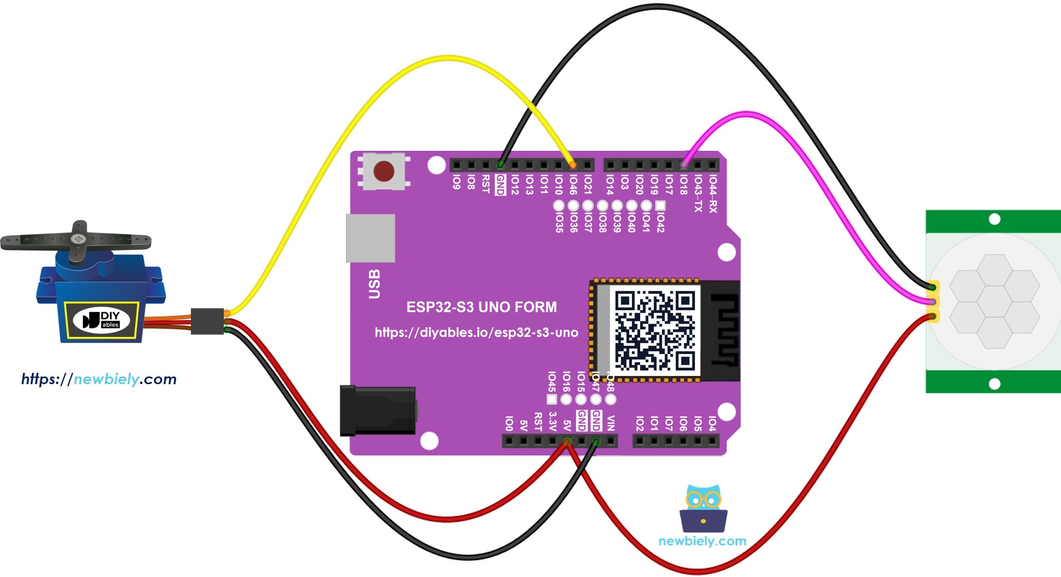 The wiring diagram between ESP32 S3 Uno Motion Sensor Servo Motor
