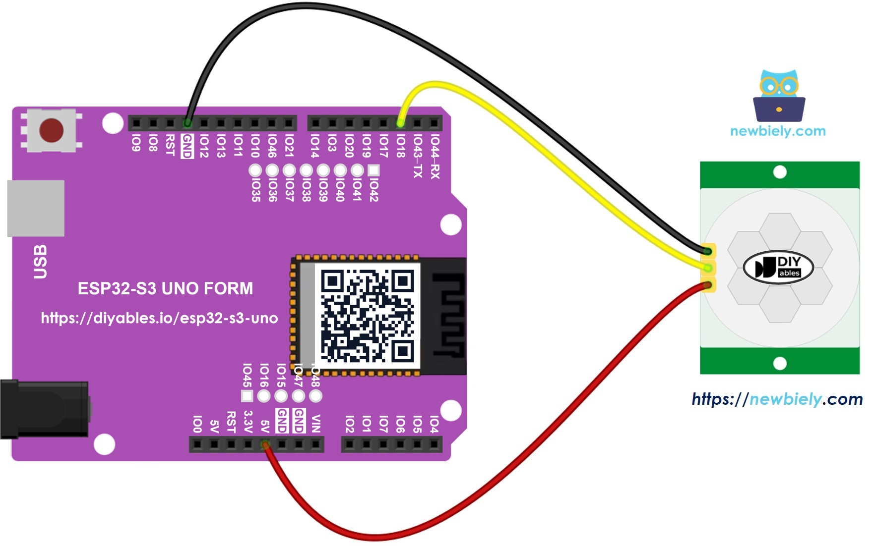 The wiring diagram between ESP32 S3 Uno Motion Sensor