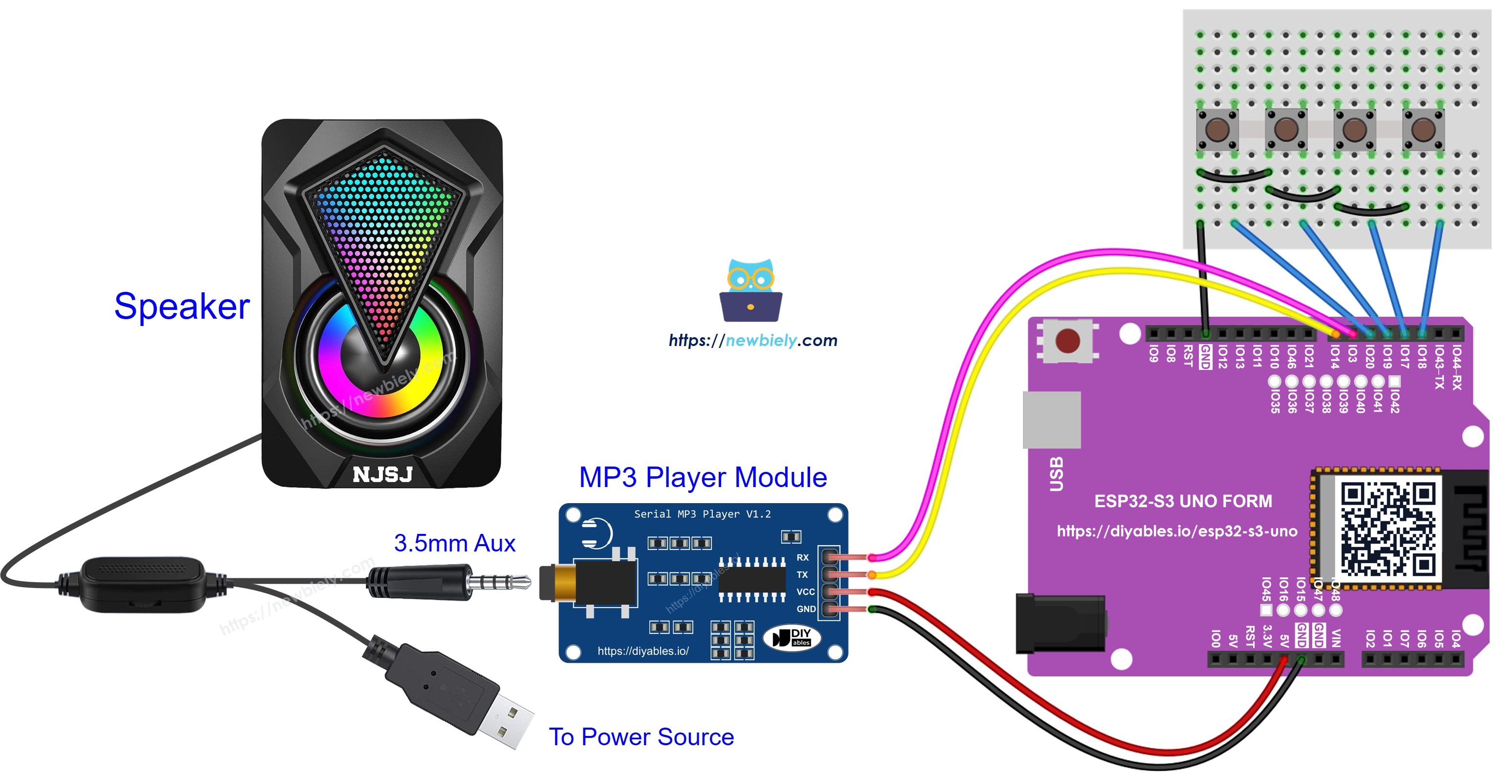 The wiring diagram between ESP32 S3 Uno MP3 player speaker
