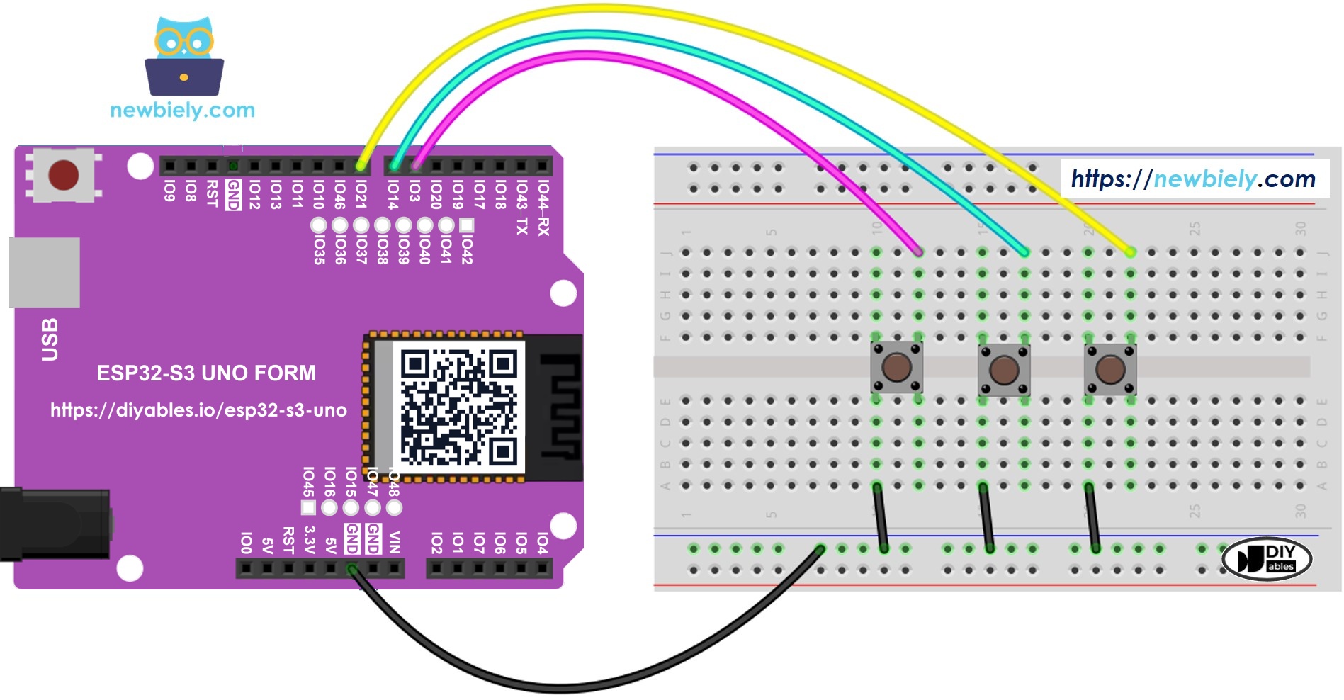 The wiring diagram between ESP32 S3 Uno Button Library