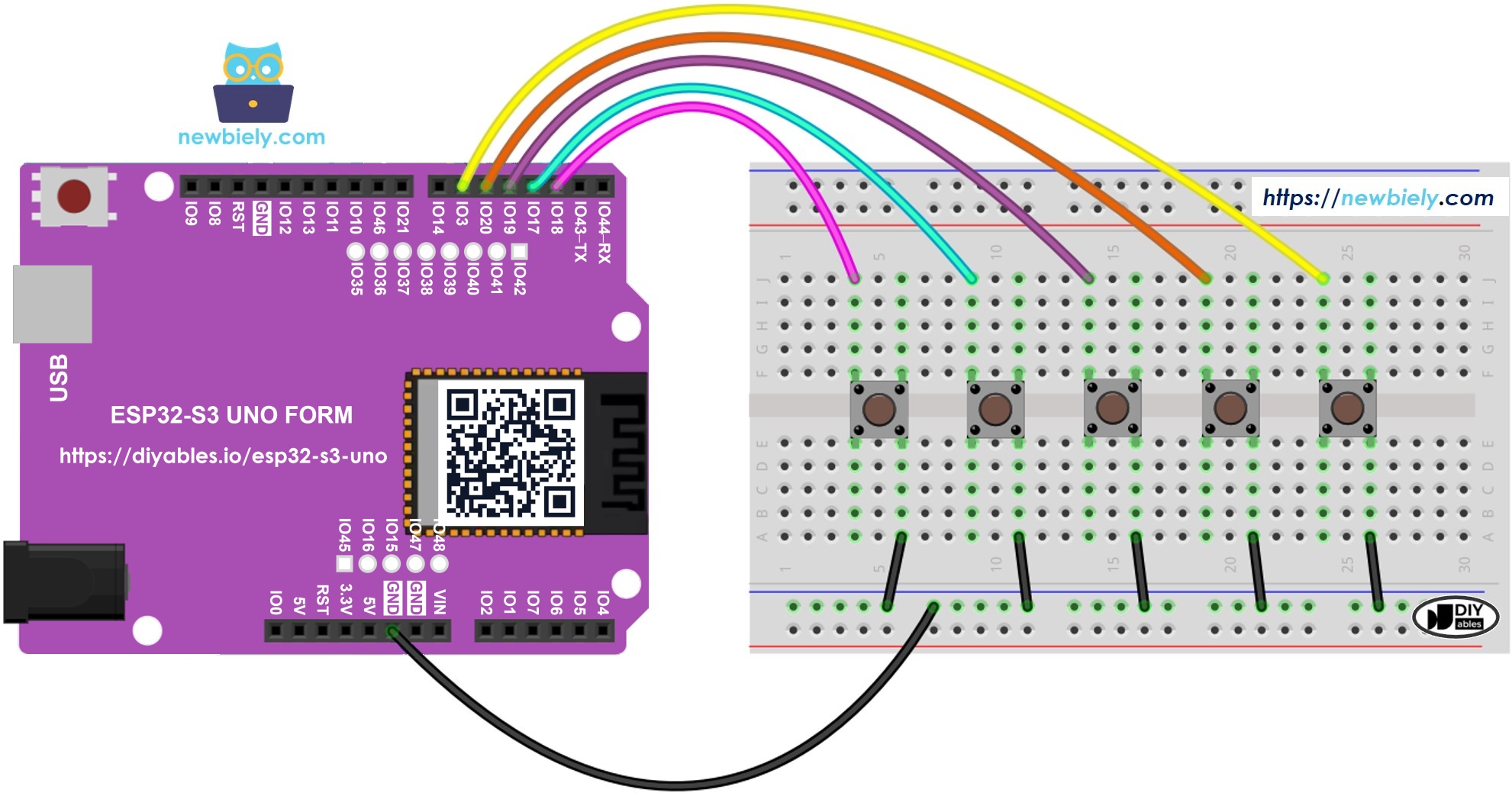 The wiring diagram between ESP32 S3 Uno multiple button
