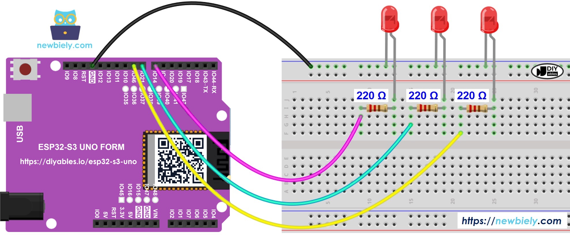 The wiring diagram between ESP32 S3 Uno multiple LED