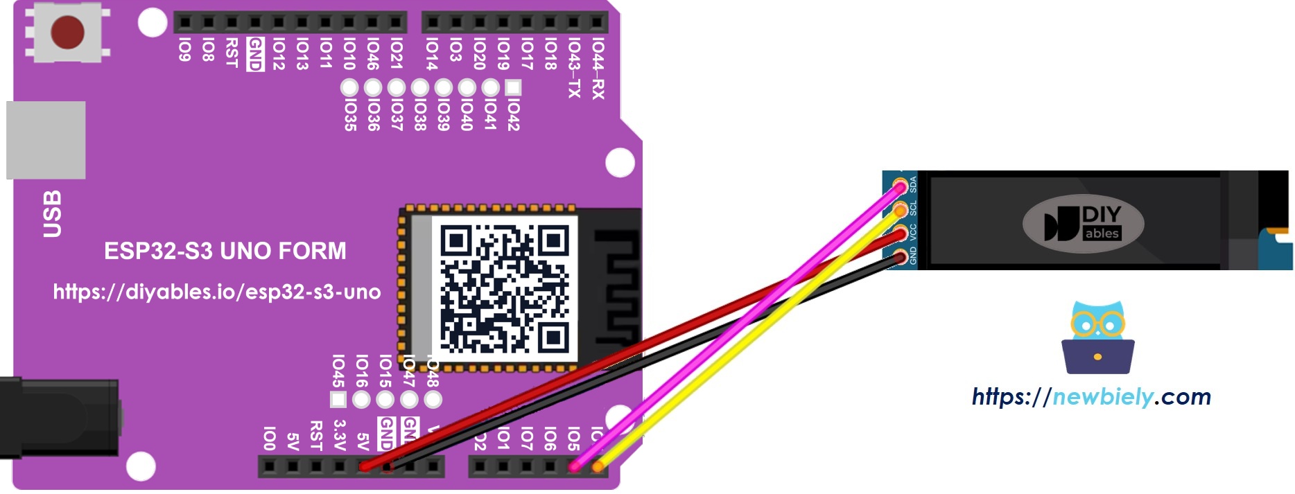 The wiring diagram between ESP32 S3 Uno OLED 128x32