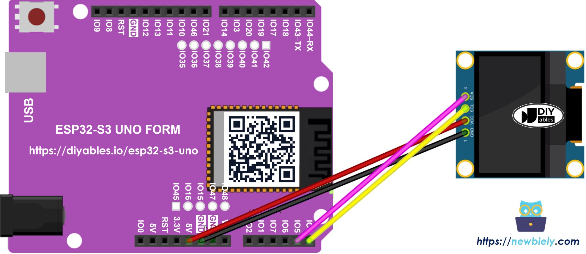 The wiring diagram between ESP32 S3 Uno OLED 128x64