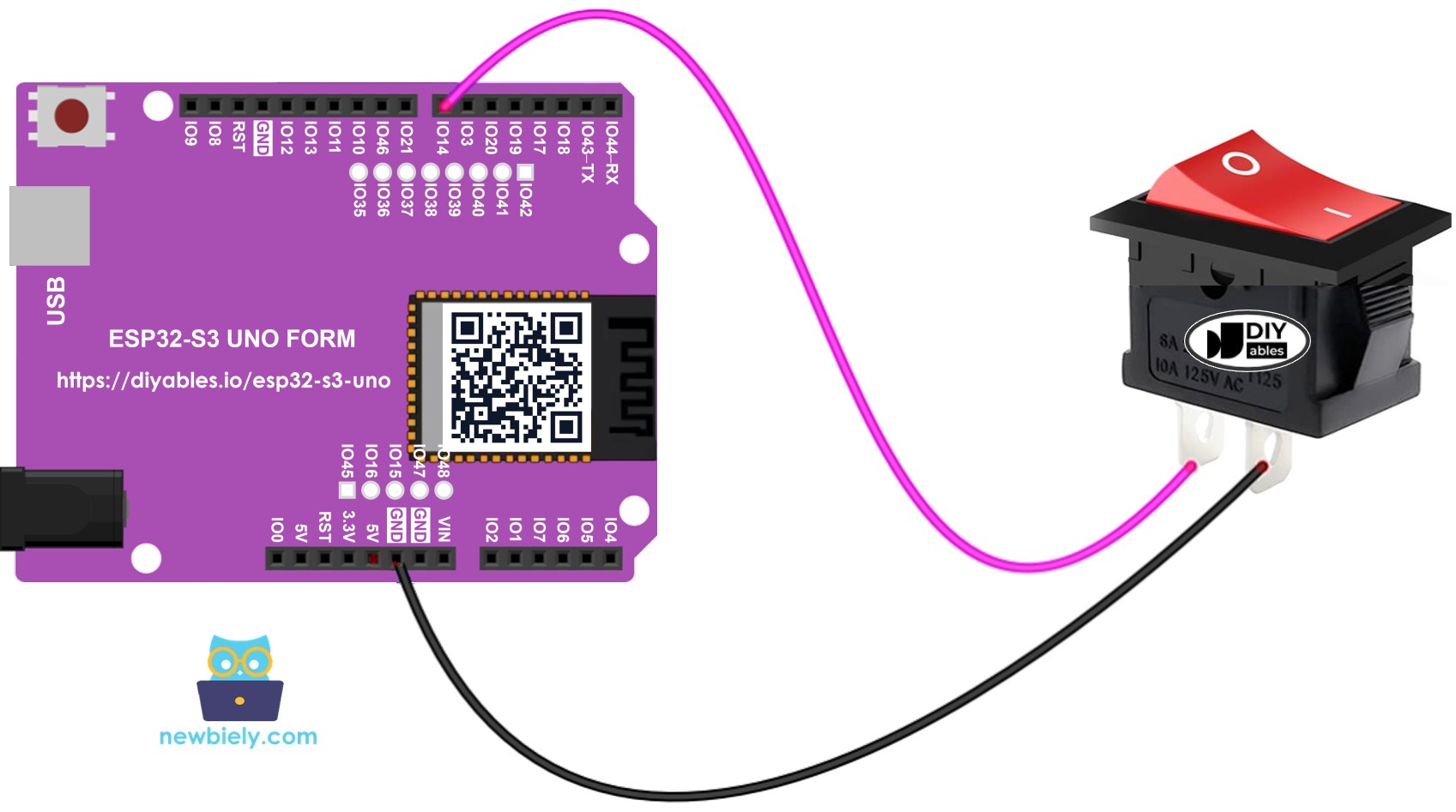 The wiring diagram between ESP32 S3 Uno ON/OFF Switch