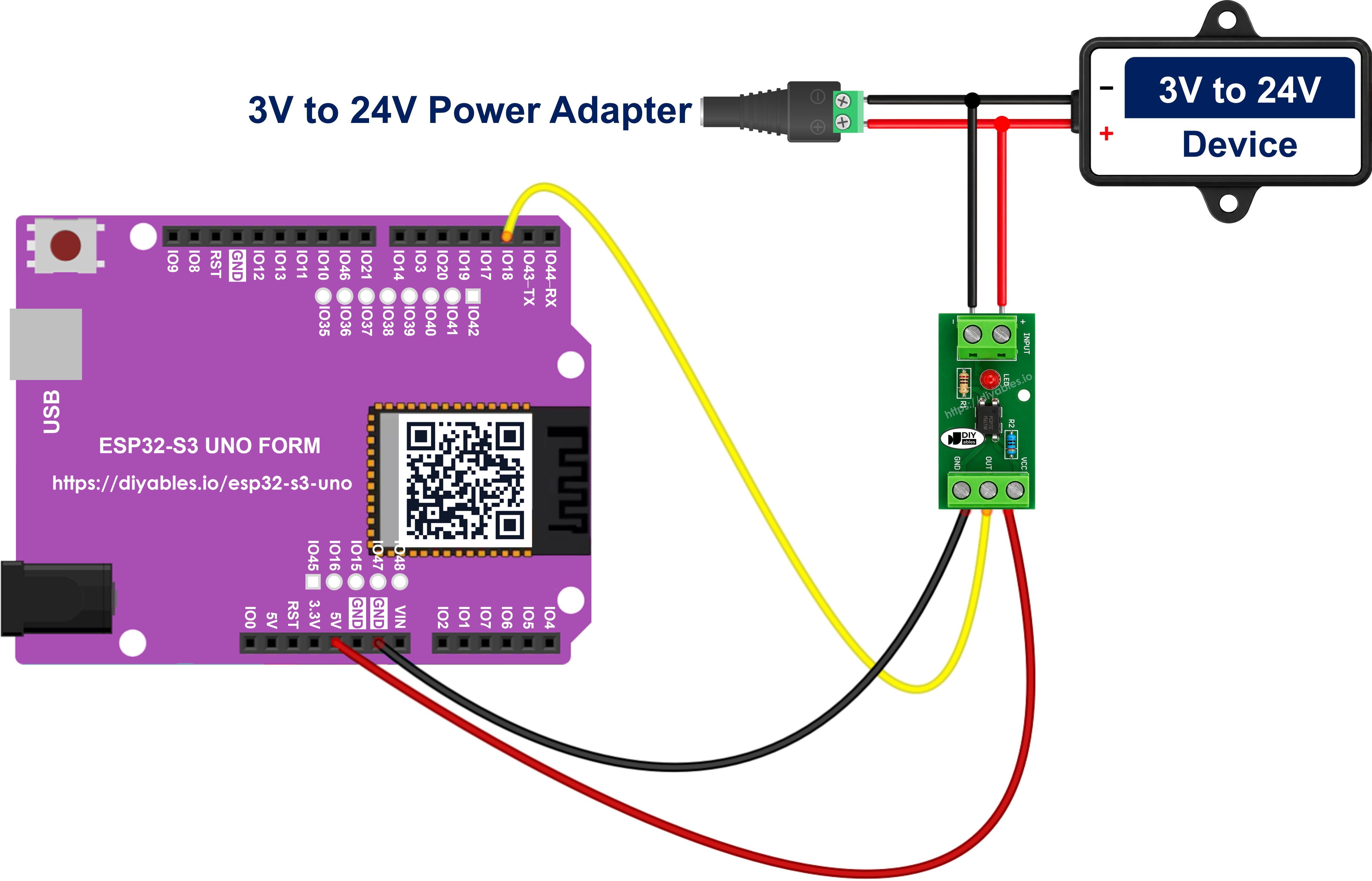 The wiring diagram between ESP32 S3 Uno PC817 optocoupler isolation module 24V