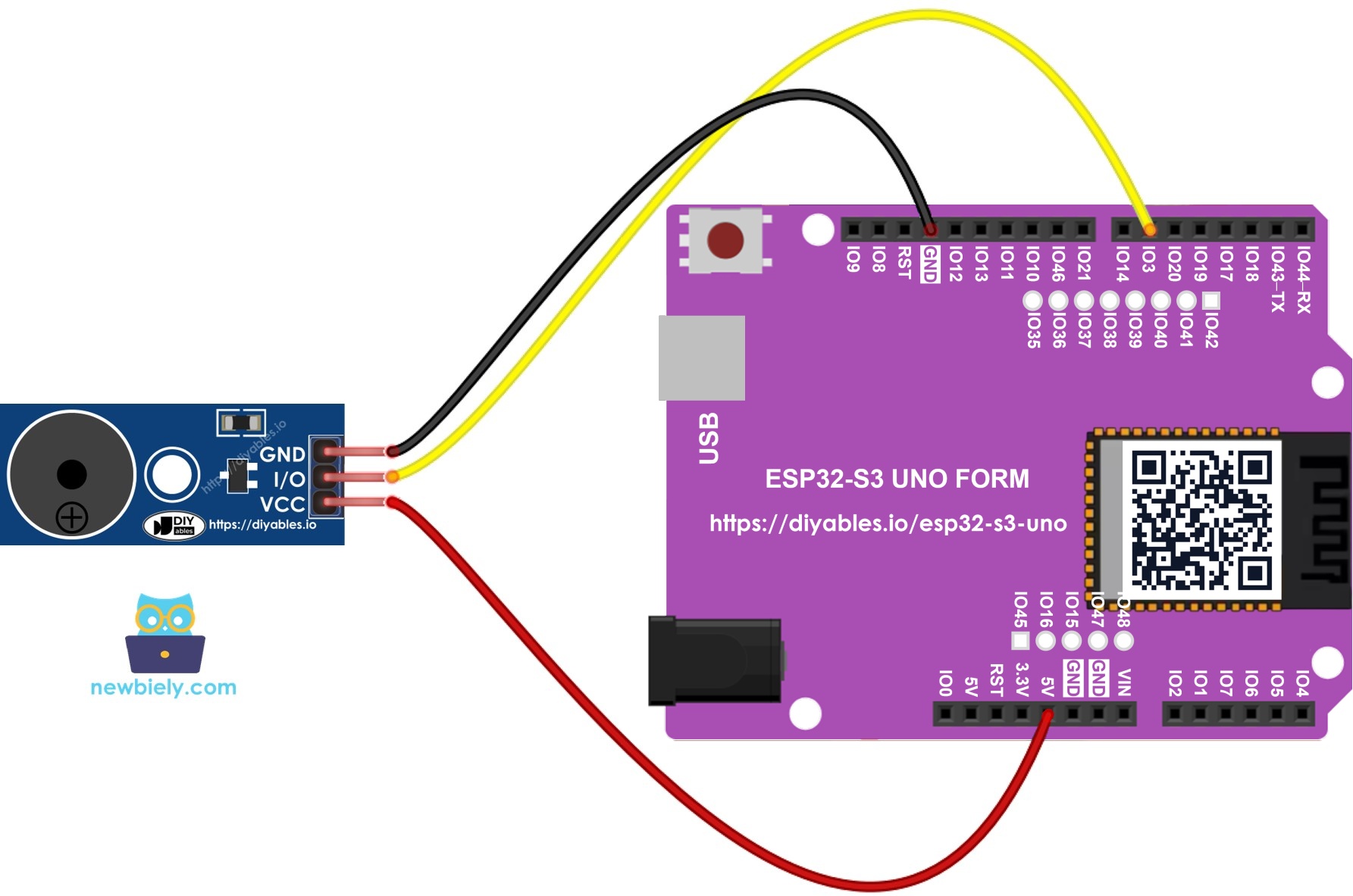The wiring diagram between ESP32 S3 Uno Buzzer Module
