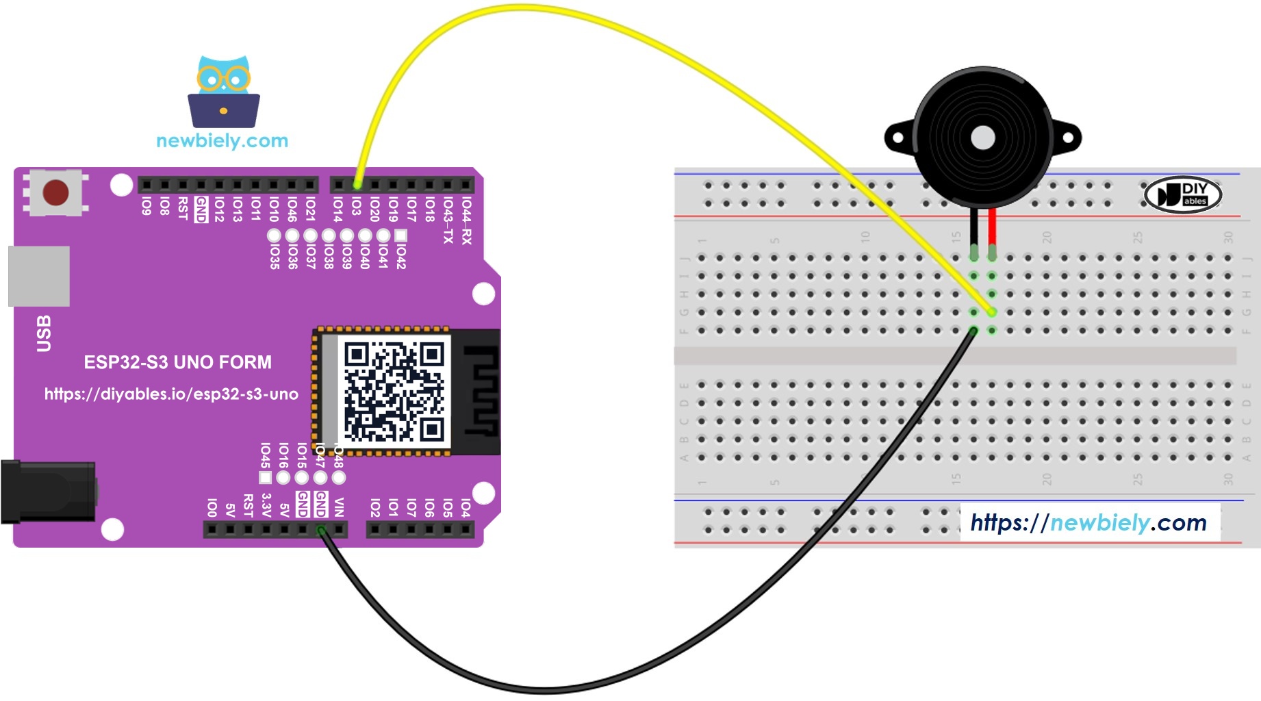 The wiring diagram between ESP32 S3 Uno Buzzer