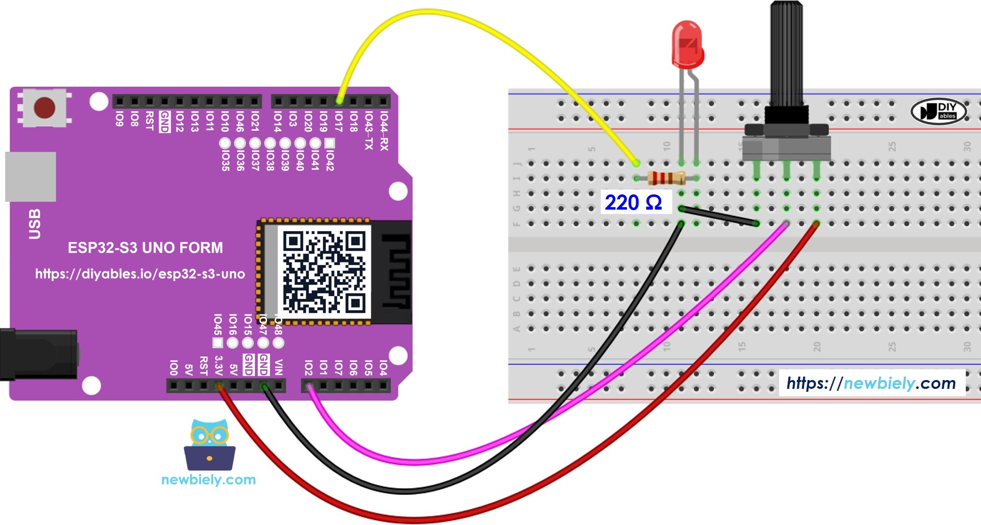 The wiring diagram between ESP32 S3 Uno Rotary Potentiometer LED