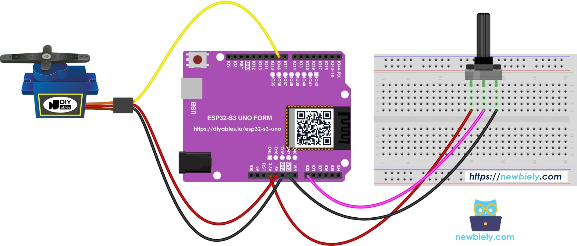 The wiring diagram between ESP32 S3 Uno Servo Motor Potentiometer