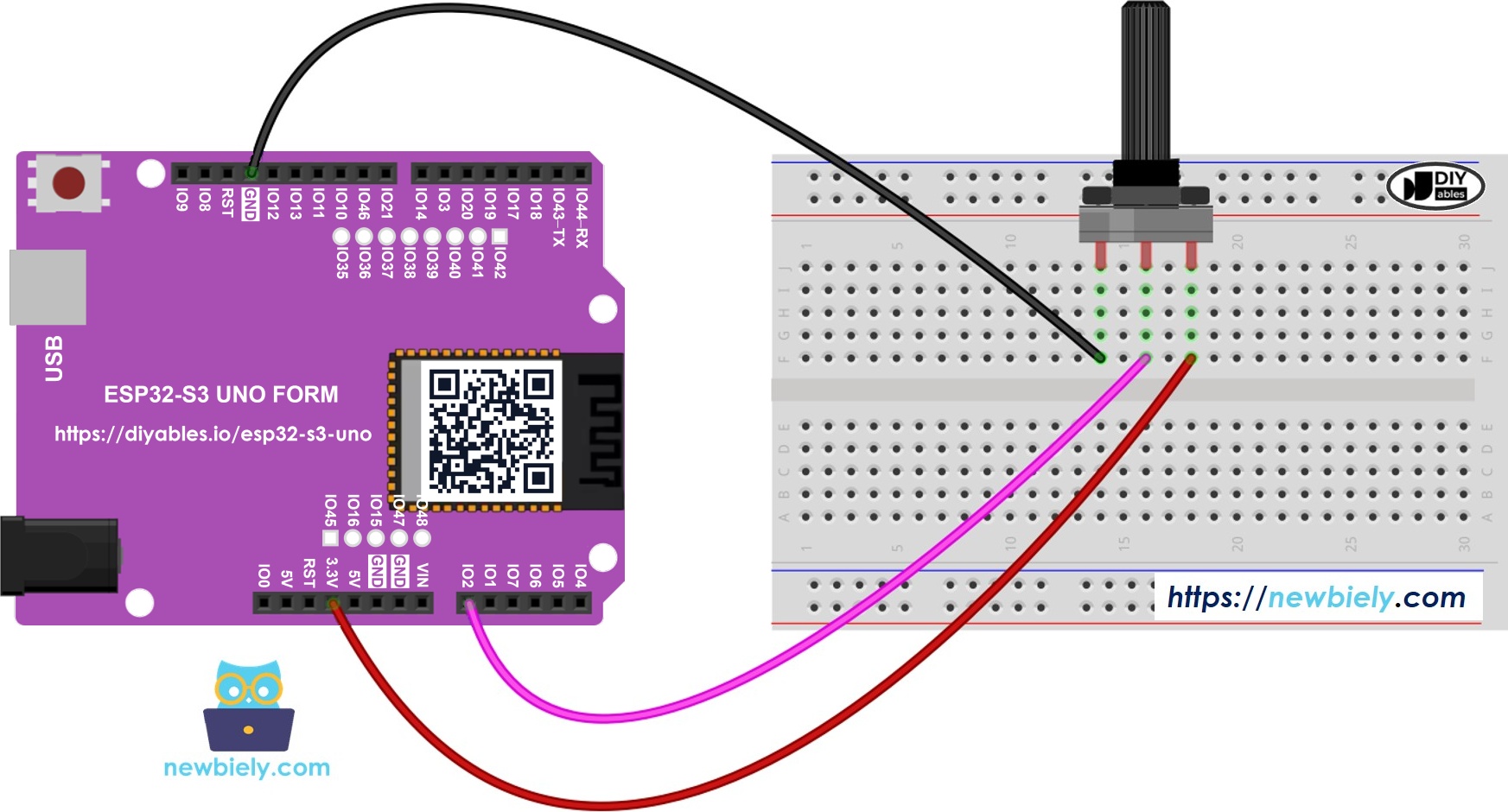 The wiring diagram between ESP32 S3 Uno Potentiometer