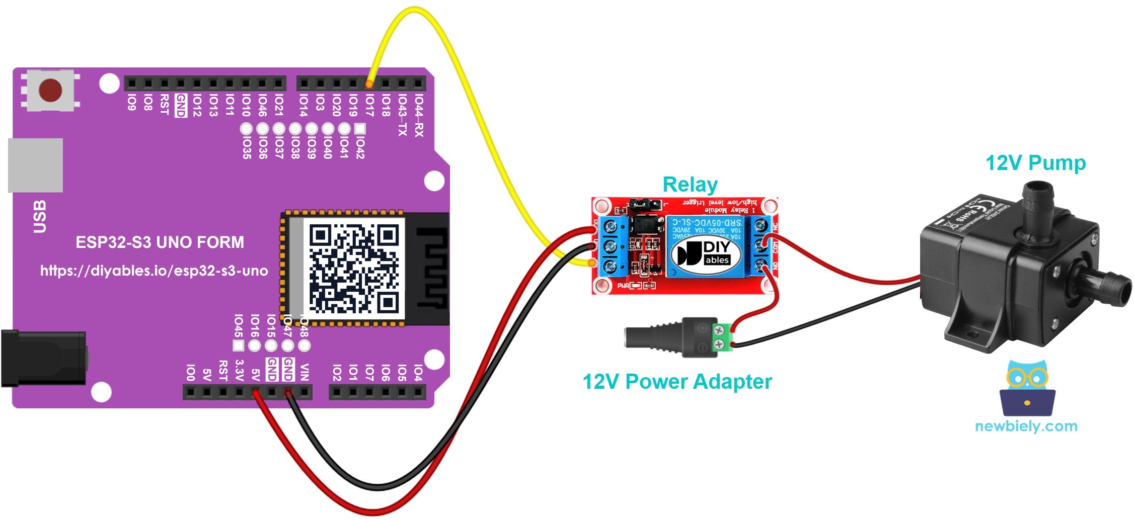 The wiring diagram between ESP32 S3 Uno Pump