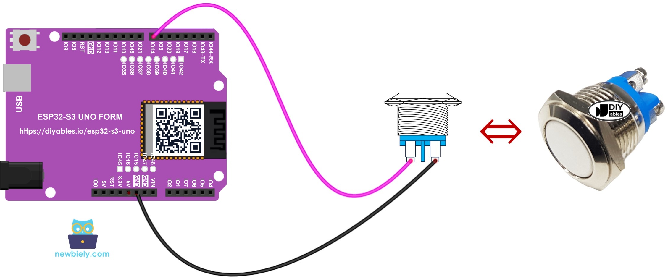 The wiring diagram between ESP32 S3 Uno two-pin push button