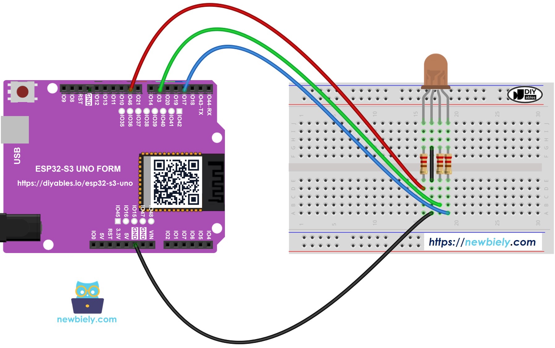 The wiring diagram between ESP32 S3 Uno RGB LED