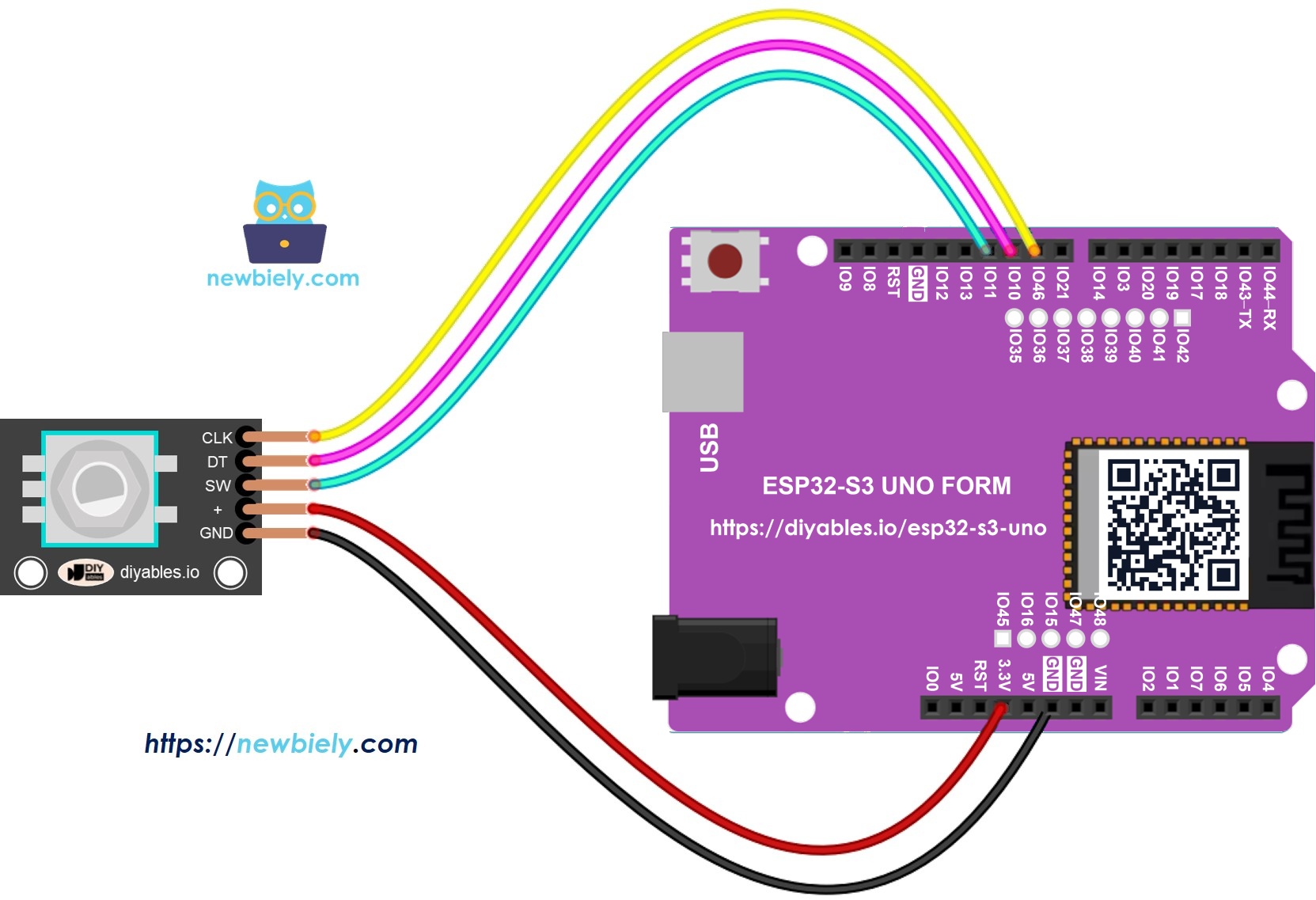 The wiring diagram between ESP32 S3 Uno rotary encoder