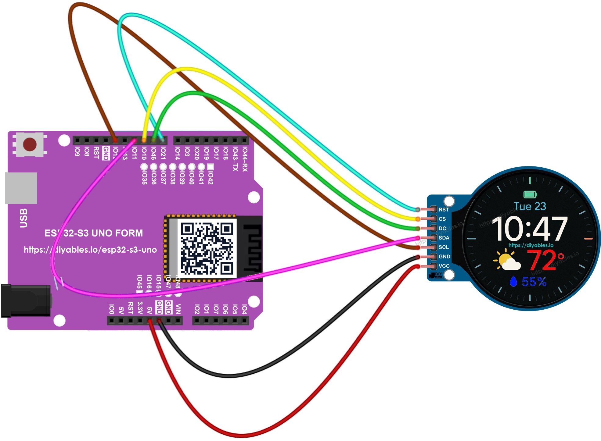 The wiring diagram between ESP32 S3 Uno 1.28 Inch Round Circular TFT LCD Display Screen