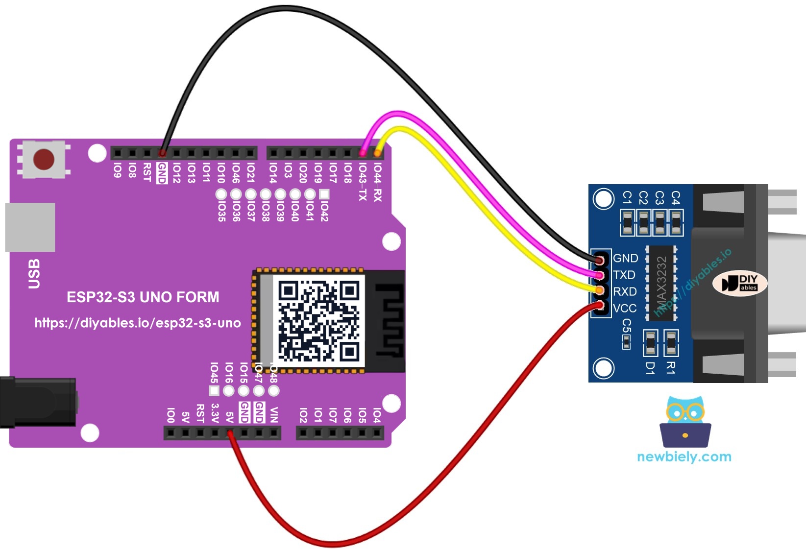 The wiring diagram between ESP32 S3 Uno TTL to RS232