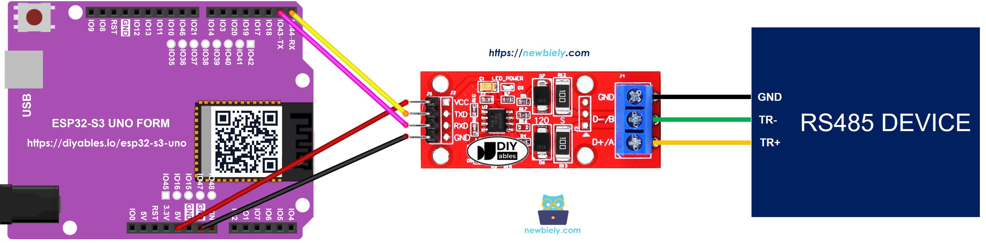 The wiring diagram between ESP32 S3 Uno TTL to RS485