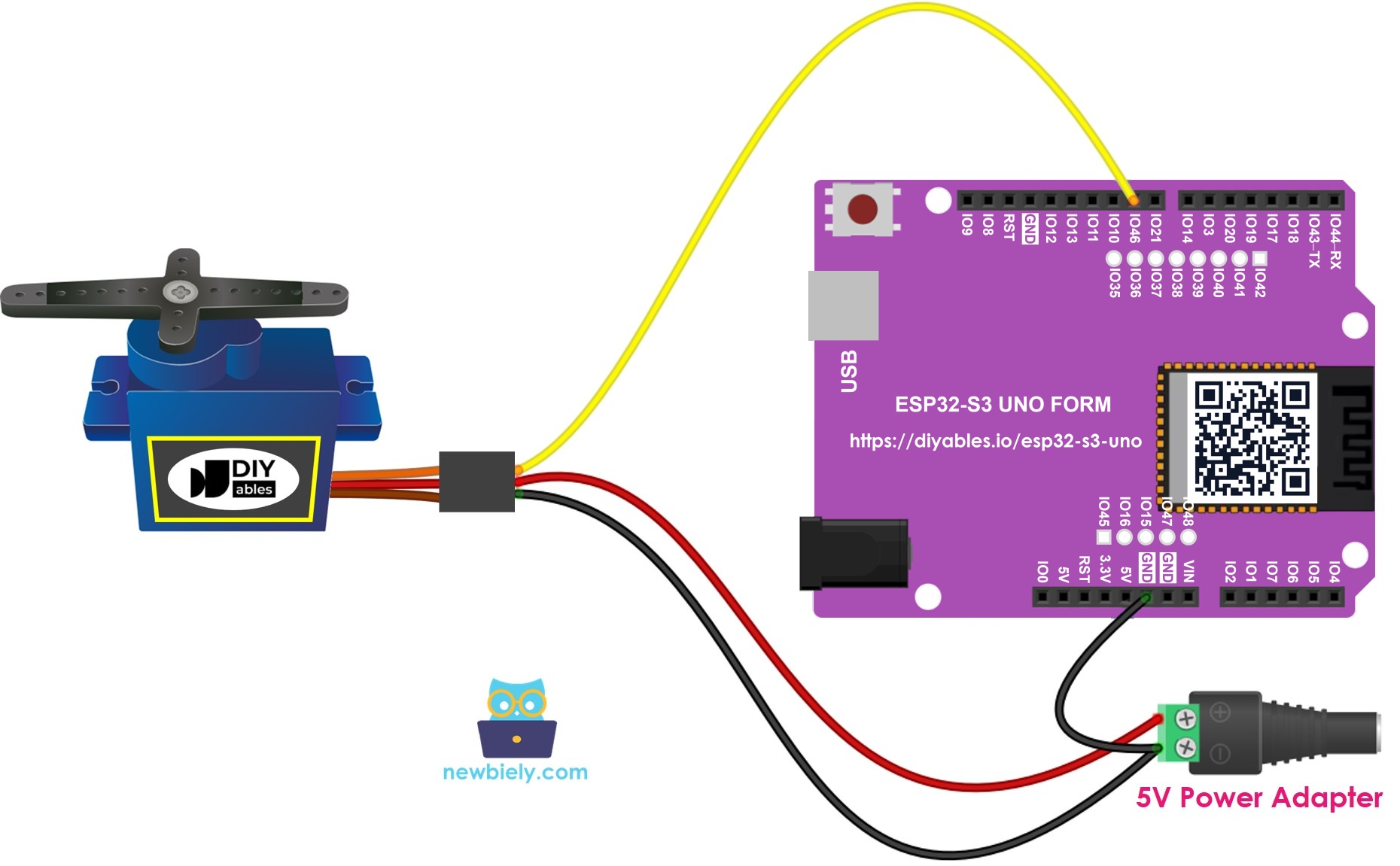 The wiring diagram between ESP32 S3 Uno servo motor external power supply