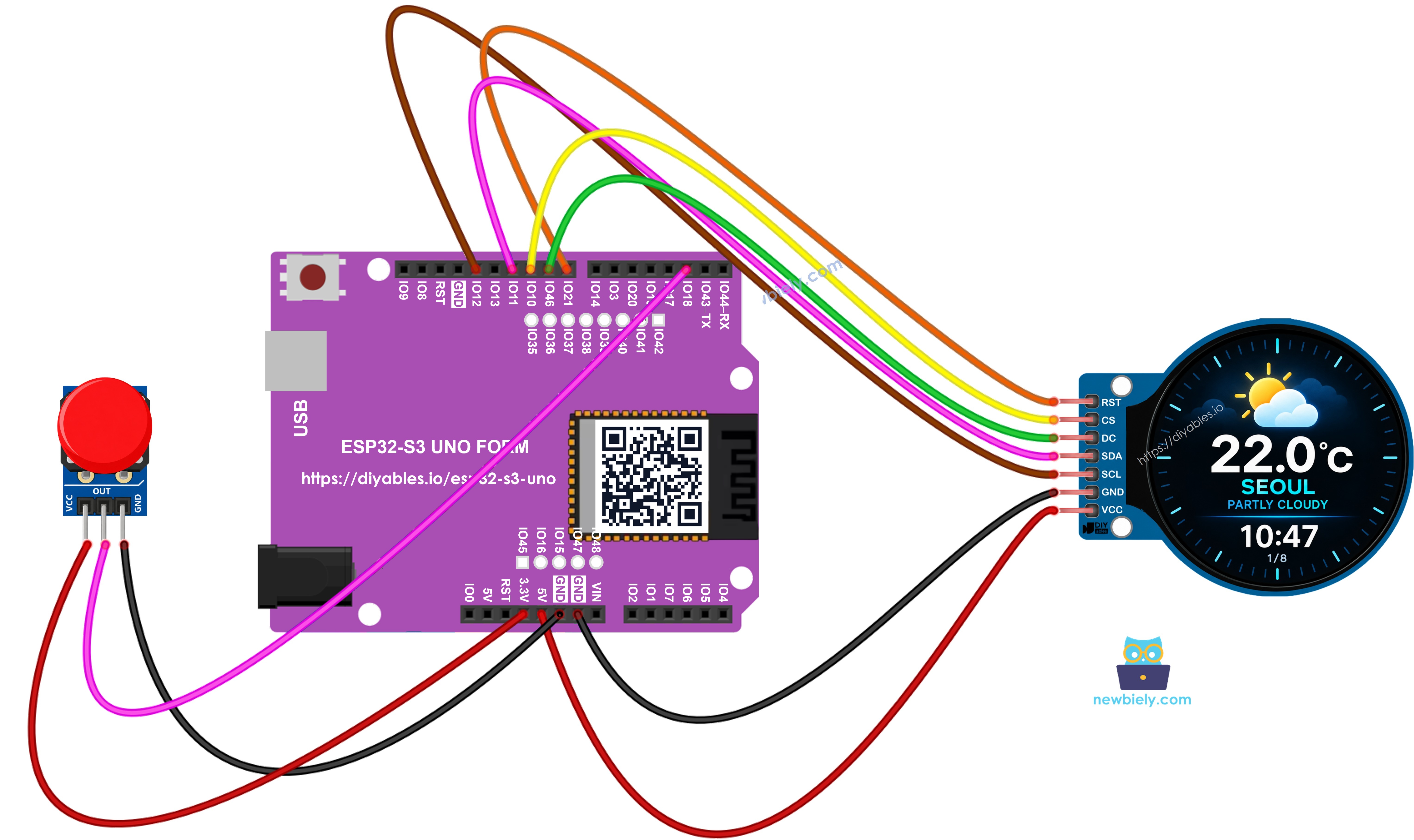 The wiring diagram between ESP32 S3 Uno smart weather station with button module