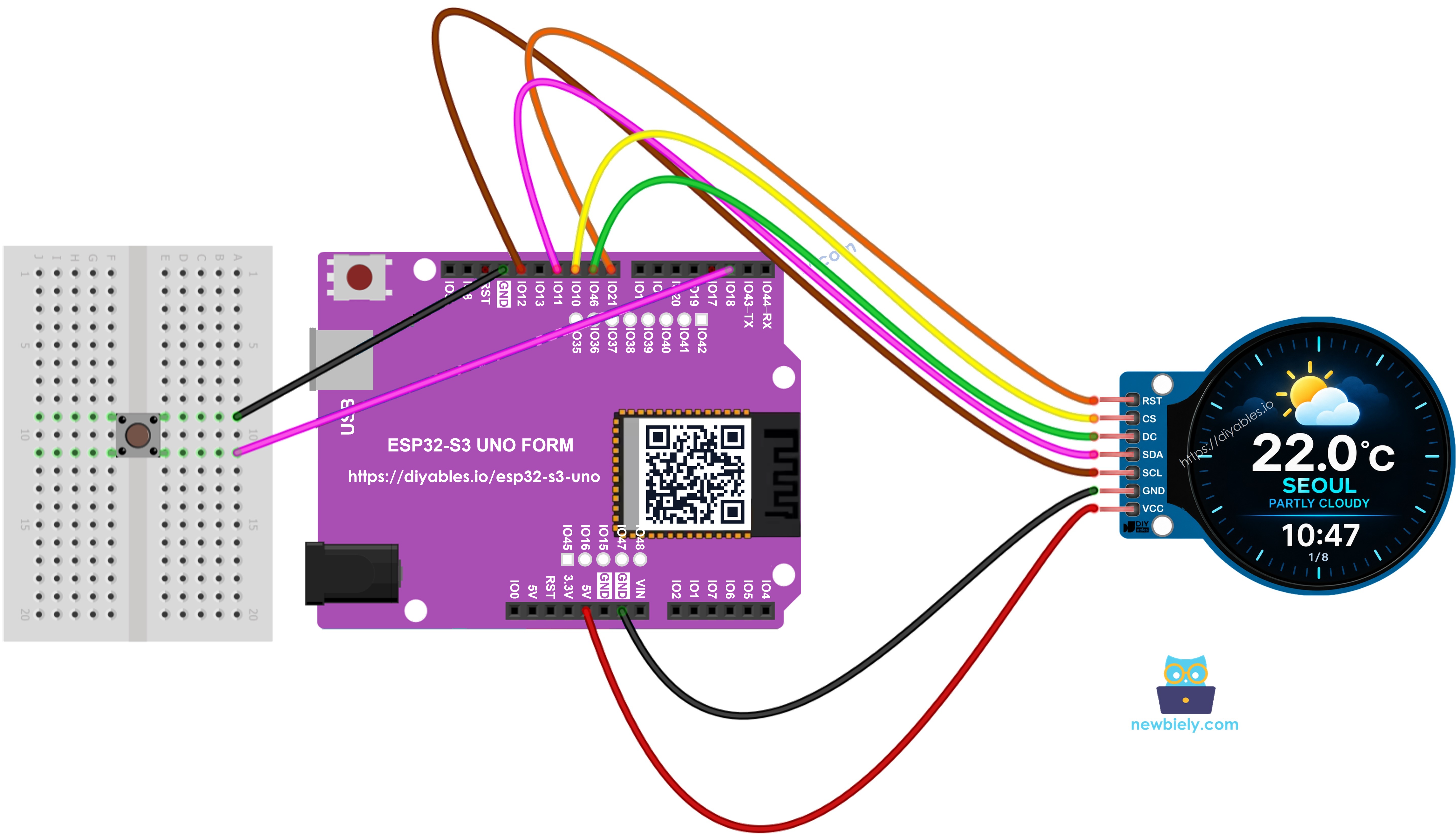 The wiring diagram between ESP32 S3 Uno smart weather station with push button