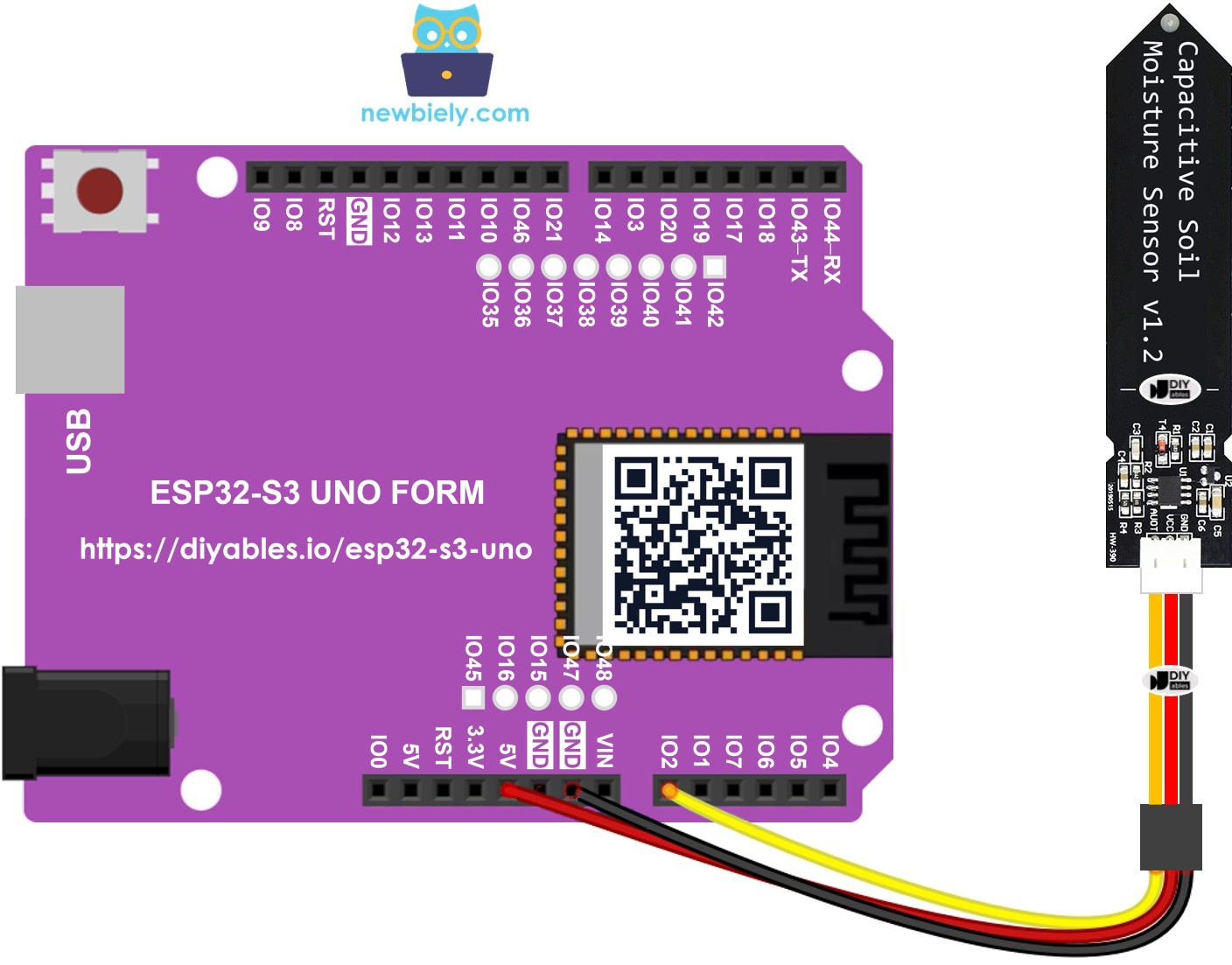 The wiring diagram between ESP32 S3 Uno soil moisture sensor