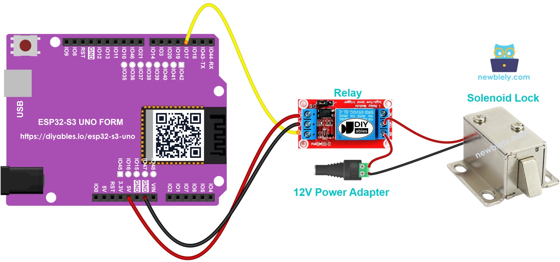 The wiring diagram between ESP32 S3 Uno solenoid lock