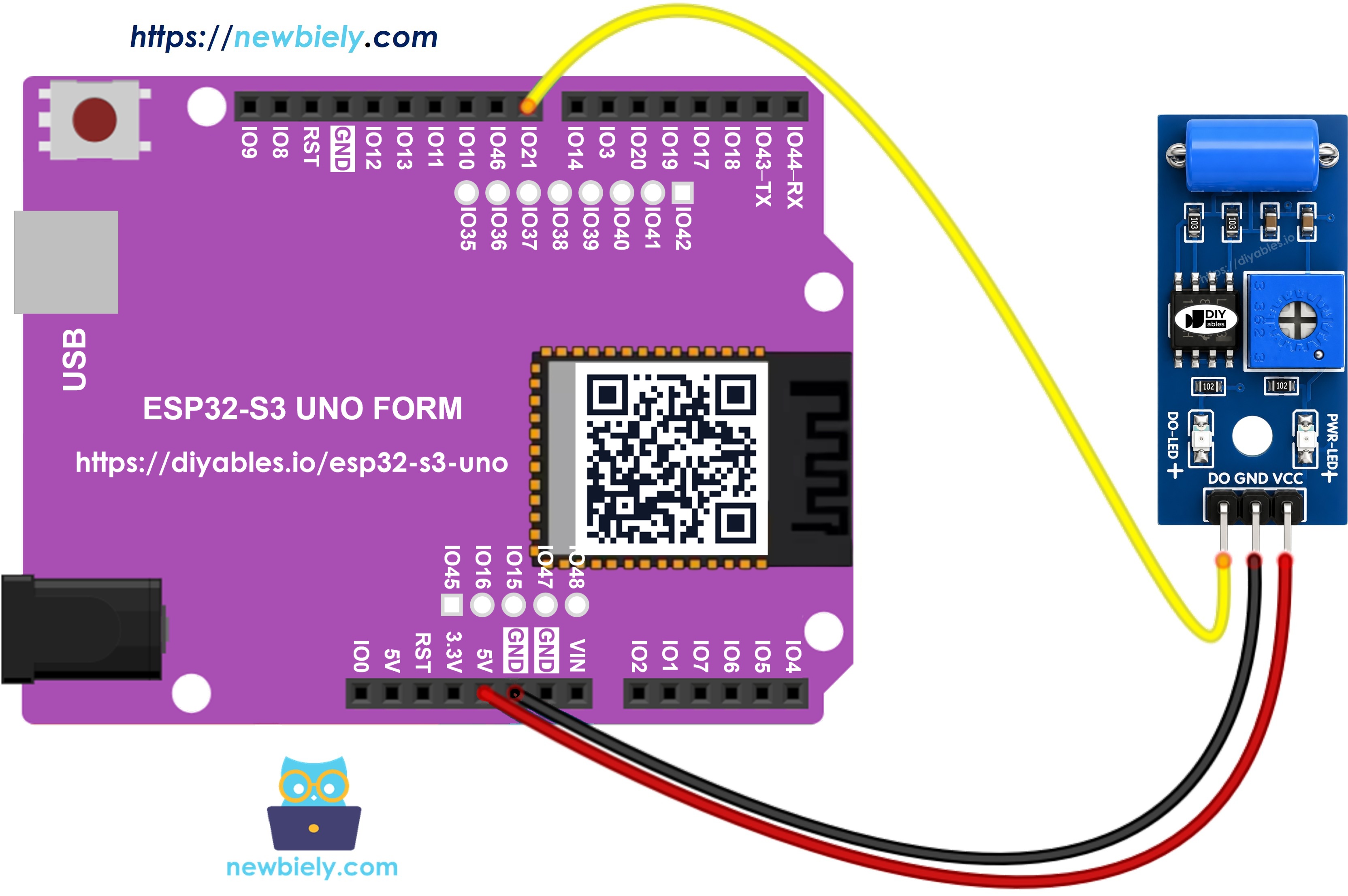 The wiring diagram between ESP32 S3 Uno SW-420 Vibration Sensor