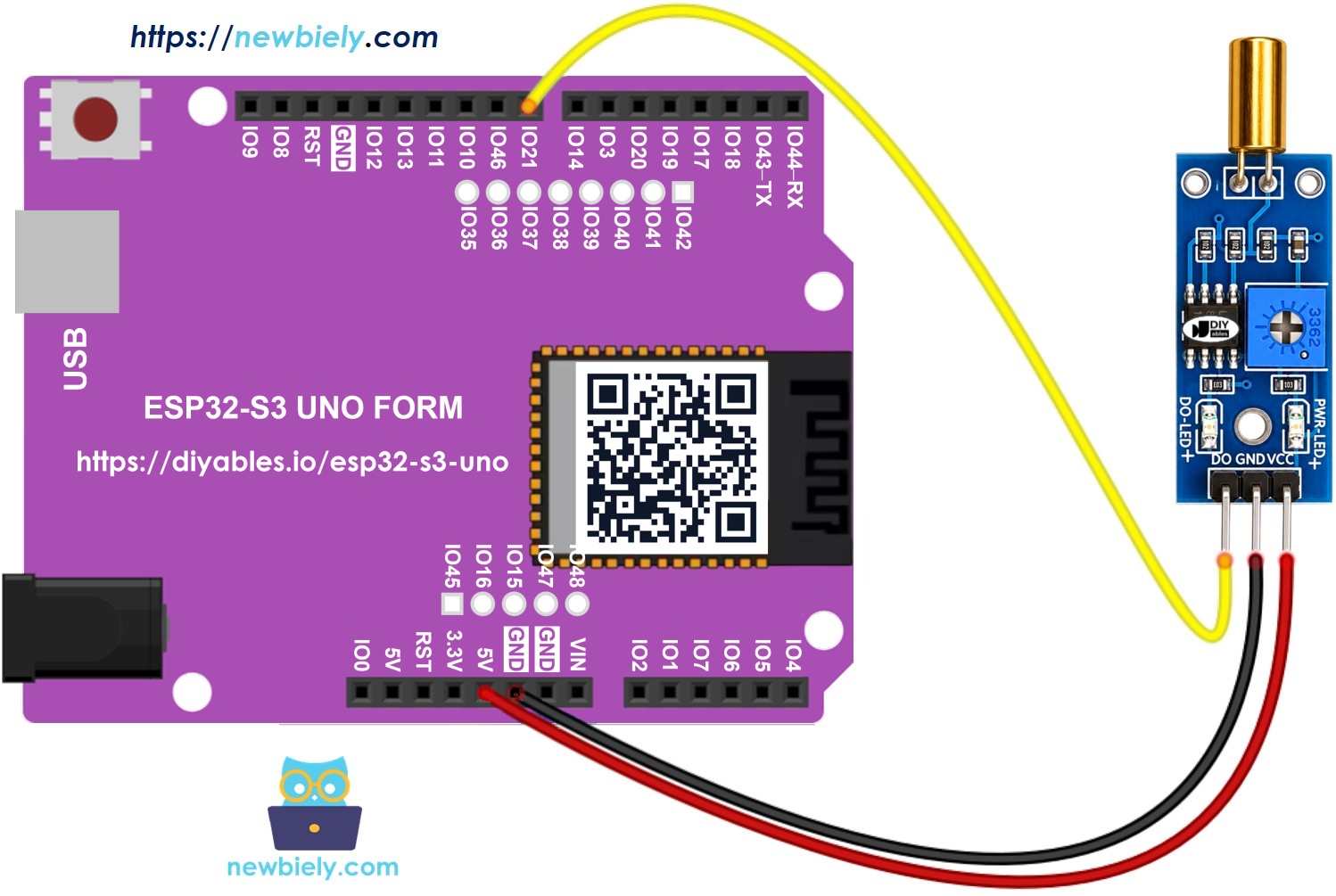 The wiring diagram between ESP32 S3 Uno SW520D Tilt Sensor
